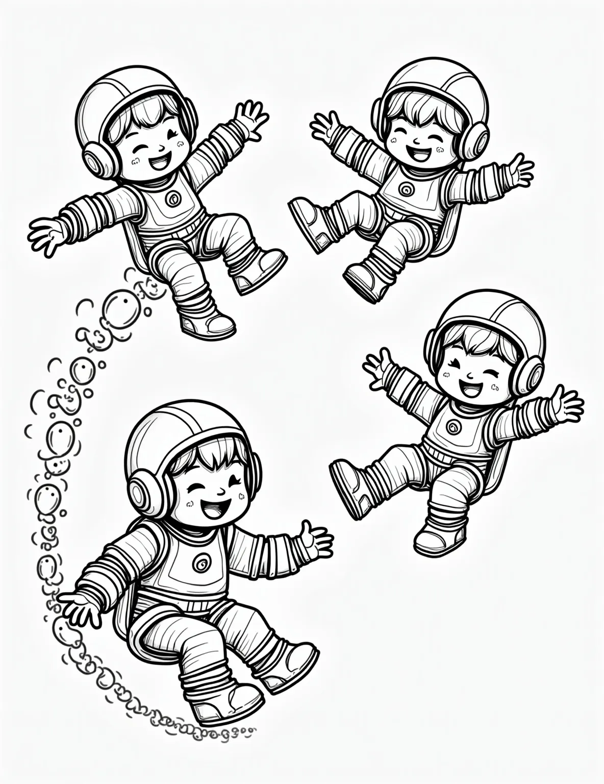 Robotic Exosuit Playground Coloring Page -- prompt: "black lines only Bold black outlines frame playful scene: children in chunky robot suits swing on oversized springs, slide through twisting tubes, bounce in zero-gravity bubbles. Smiling faces peek from helmets, surrounded by simple geometric shapes of futuristic playground. Empty spaces await vibrant colors. flat black lines, premium coloring page, coloring sheet, line drawing, Coloring Book, NO COLOR, NO SHADING, WHITE BACKGROUND. NO GRAY, BLACK AND WHITE, NO COLOR" -- Experience playtime of the future with this exciting robotic exosuit playground coloring page. It showcases children in miniature robotic suits playing on futuristic playground equipment. This page is ideal for boys who love imagining how technology might enhance everyday activities.