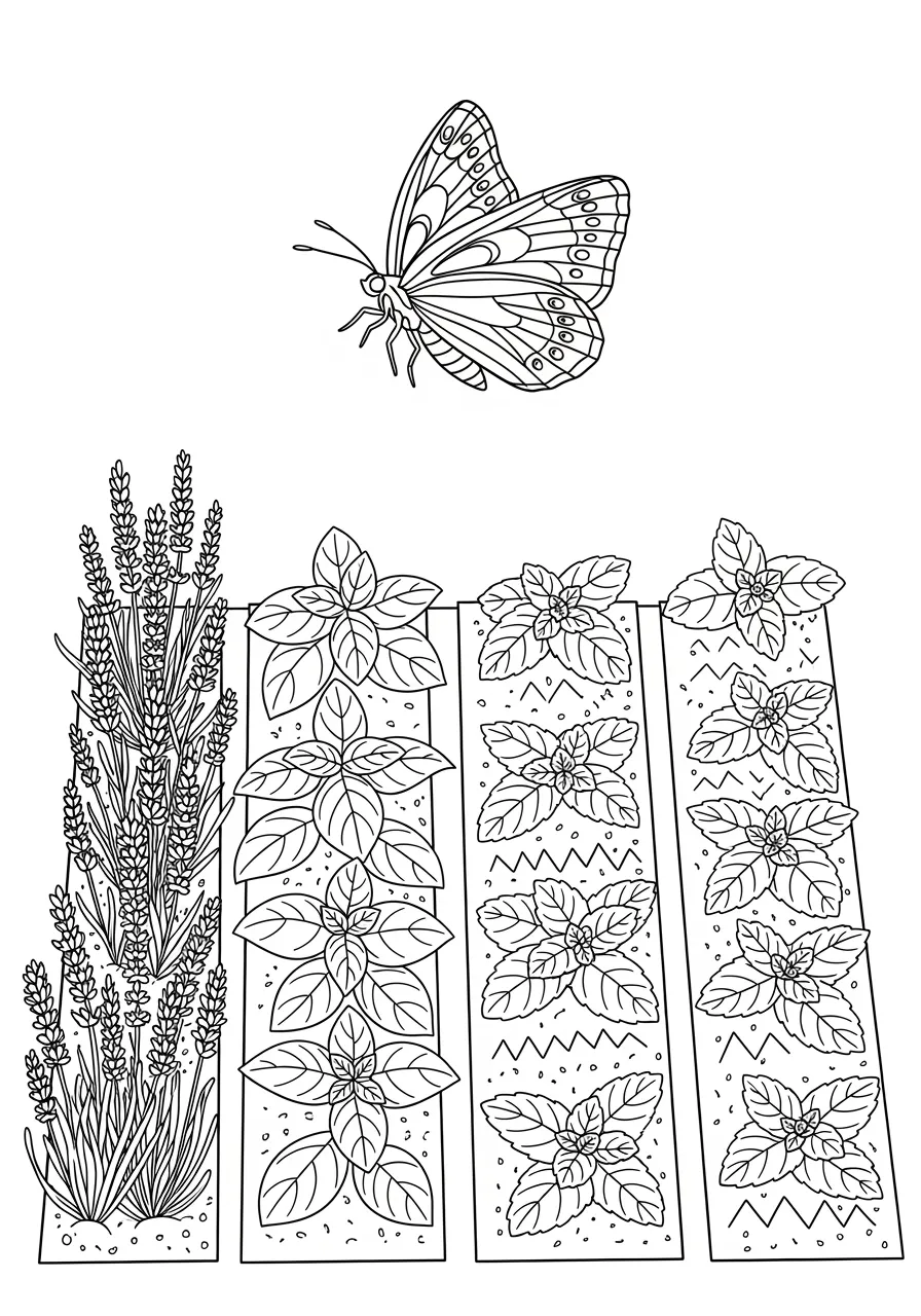 23. Skipper Butterfly Herb Garden Coloring Page -- prompt: "black lines only Bold black outlines define a cheerful skipper butterfly with patterned wings soaring above organized garden rows of lavender spikes, rounded basil leaves, and serrated mint foliage, creating distinct coloring sections with clean geometric boundaries and playful botanical shapes. flat black lines, premium coloring page, coloring sheet, line drawing, Coloring Book, NO COLOR, NO SHADING, WHITE BACKGROUND. NO GRAY, BLACK AND WHITE, NO COLOR" -- A quick little skipper butterfly darts between herbs like lavender, basil, and mint in this aromatic garden scene. The butterfly's fast-flying nature is captured in a moment of stillness as it feeds on herb flowers. The herb garden setting adds educational value about plants that attract butterflies.