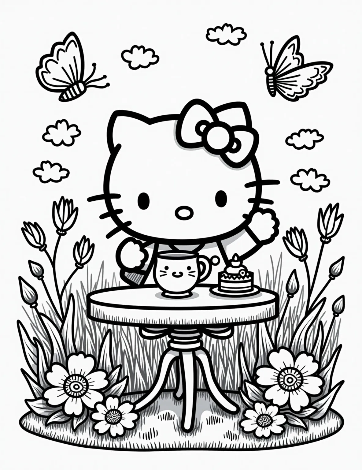 Hello Kitty's Tea Party -- prompt: "black lines only Hello Kitty's cheerful outline graces a garden coloring page. She's perched at a dainty table, teacup raised. Cupcakes and cookies tempt nearby. Blooming flowers frame the scene, with butterflies fluttering. Bold, simple lines invite creative coloring. A charming tea party awaits vibrant hues. flat black lines, premium coloring page, coloring sheet, line drawing, Coloring Book, NO COLOR, NO SHADING, WHITE BACKGROUND. NO GRAY, BLACK AND WHITE, NO COLOR" -- This charming coloring page features Hello Kitty hosting a delightful tea party. She's surrounded by her favorite treats, including cupcakes and cookies, while sipping from a dainty teacup. The scene is set in a lovely garden with flowers and butterflies, perfect for adding vibrant colors.