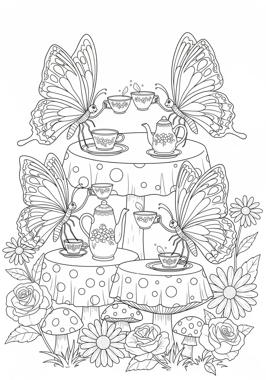 Butterfly Tea Party in the Garden Coloring Page -- prompt: "black lines only Adorable butterflies with patterned wings gathered around miniature Victorian tea sets, delicate teacups raised in toast, positioned on mushroom tables surrounded by blooming daisies and roses, fun coloring book style with bold outlines and cheerful expressions flat black lines, premium coloring page, coloring sheet, line drawing, Coloring Book, NO COLOR, NO SHADING, WHITE BACKGROUND. NO GRAY, BLACK AND WHITE, NO COLOR" -- This adorable scene features a group of friendly butterflies enjoying a tea party among garden flowers, complete with tiny teacups and flower-petal tables. The charming illustration is perfect for children who love imaginative play and storytelling through coloring. The whimsical details like miniature furniture and smiling butterfly faces create a magical world that sparks creativity and brings joy to young artists.