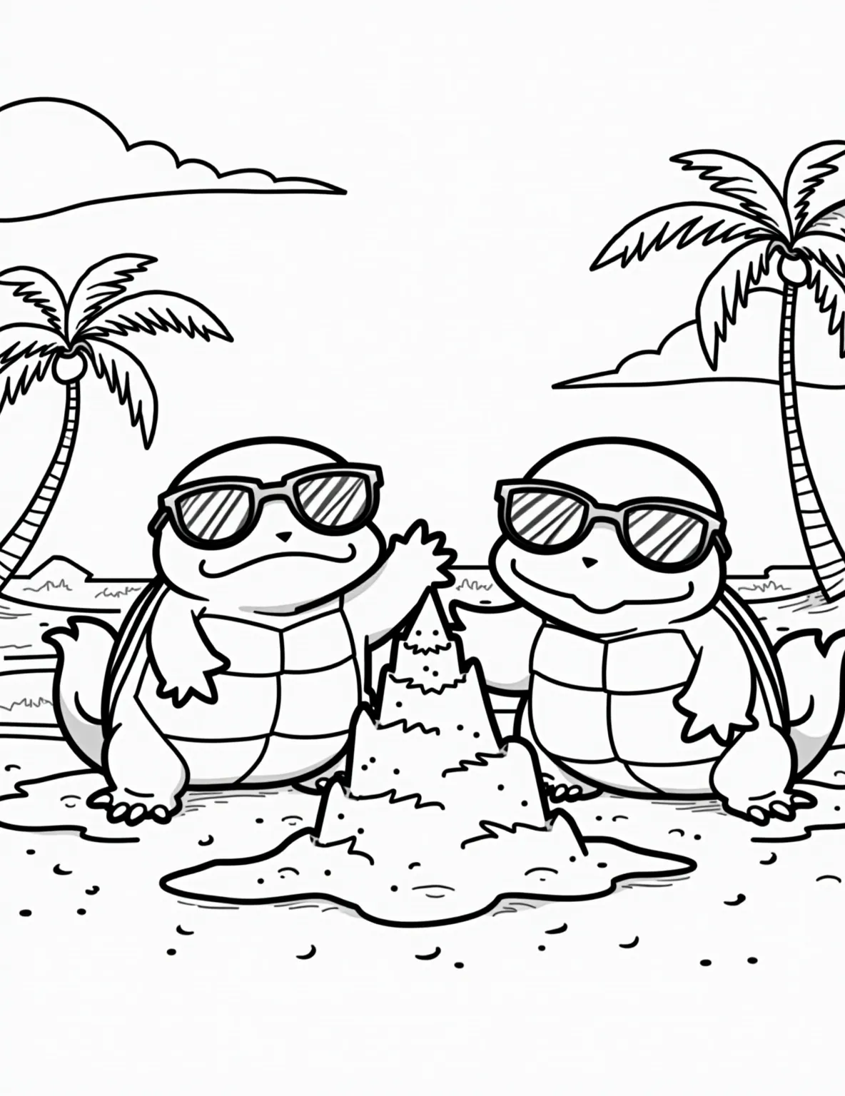 Squirtle Squad's Beach Day Coloring Page -- prompt: "black lines only Playful Squirtles with cool shades frolic on a sun-drenched beach. Bold outlines frame their cheerful expressions as they build elaborate sandcastles and ride stylized waves. Simple, clean shapes perfect for coloring fill the page, capturing the Pokémon's beachy adventures in a fun, accessible style. flat black lines, premium coloring page, coloring sheet, line drawing, Coloring Book, NO COLOR, NO SHADING, WHITE BACKGROUND. NO GRAY, BLACK AND WHITE, NO COLOR" -- Surf's up with the coolest crew in the Pokemon world! This fun-filled coloring page features the infamous Squirtle Squad enjoying a day at the beach, complete with sunglasses, surfboards, and sandcastles. It's a perfect choice for kids who love summer fun and Pokemon's more playful characters.