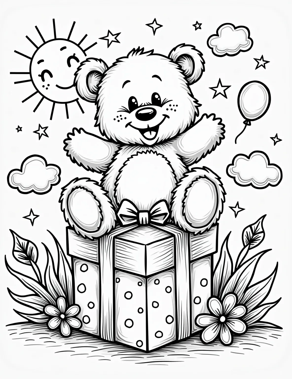 Cute Teddy Bear Gift Topper -- prompt: "black lines only Cheerful teddy bear perched atop gift box, oversized bow cascading down. Bold outlines define cuddly fur, button eyes, and stitched smile. Present's wrapping paper adorned with playful patterns. Scene framed by decorative border with swirls and stars. Coloring book style inviting creative expression. flat black lines, premium coloring page, coloring sheet, line drawing, Coloring Book, NO COLOR, NO SHADING, WHITE BACKGROUND. NO GRAY, BLACK AND WHITE, NO COLOR" -- A charming teddy bear sits atop a beautifully wrapped present in this heartwarming coloring page. The gift box features elegant wrapping paper with swirling patterns, while a large bow frames the adorable stuffed animal. It's the perfect representation of a gift for a young child.