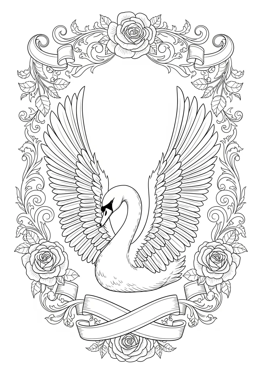 Elegant Swan Lake Ballet Coloring Page -- prompt: "black lines only Majestic swan with outstretched wings positioned center stage, surrounded by Victorian scrollwork patterns, ornamental roses, decorative ribbons, and flourishing botanical elements, bold black outlines, clean white spaces perfect for coloring, playful yet elegant design flat black lines, premium coloring page, coloring sheet, line drawing, Coloring Book, NO COLOR, NO SHADING, WHITE BACKGROUND. NO GRAY, BLACK AND WHITE, NO COLOR" -- This graceful adult coloring page depicts a swan in an elegant pose reminiscent of classical ballet, surrounded by ornate decorative elements. The swan's long neck curves beautifully while intricate patterns and flourishes frame the scene like a vintage illustration. This sophisticated design appeals to lovers of both wildlife and classical arts.