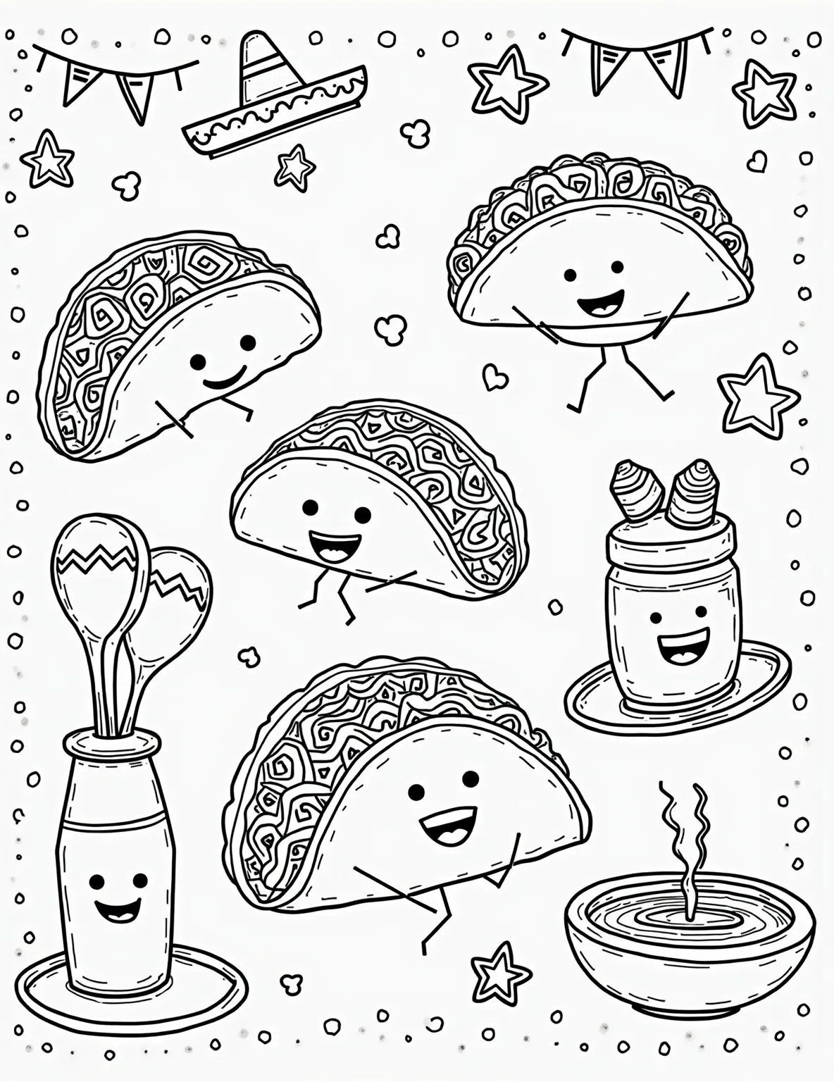 Taco Tuesday Fiesta Coloring Page -- prompt: "black lines only Vibrant coloring page: festive taco party spread. Smiling tacos with expressive faces, surrounded by cheerful side dishes. Playful patterns on plates, utensils, and decorations. Lively Mexican-inspired borders frame the scene. Inviting composition encourages creative coloring and imagination. flat black lines, premium coloring page, coloring sheet, line drawing, Coloring Book, NO COLOR, NO SHADING, WHITE BACKGROUND. NO GRAY, BLACK AND WHITE, NO COLOR" -- Spice up your coloring routine with our Taco Tuesday Fiesta coloring page! A spread of tacos, each filled with different ingredients, is accompanied by sides like guacamole and salsa. The scene captures the fun and variety of a taco night, perfect for food enthusiasts of all ages.