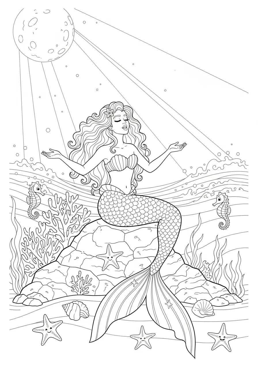 Mermaid's Moonlight Serenade Coloring Page -- prompt: "black lines only Fun coloring book page featuring cheerful mermaid with flowing hair sitting on large ocean rocks, singing joyfully under bright full moon, simple bold outlines, clear water ripples, radiating moonbeams, starfish and seashells scattered nearby, child-friendly design flat black lines, premium coloring page, coloring sheet, line drawing, Coloring Book, NO COLOR, NO SHADING, WHITE BACKGROUND. NO GRAY, BLACK AND WHITE, NO COLOR" -- Under the full moon's glow, a romantic mermaid sings a beautiful serenade while sitting on ocean rocks. Moonbeams pierce the water creating dramatic lighting effects and sparkling reflections. The nighttime scene offers opportunities for creative use of darker colors and metallic highlights.