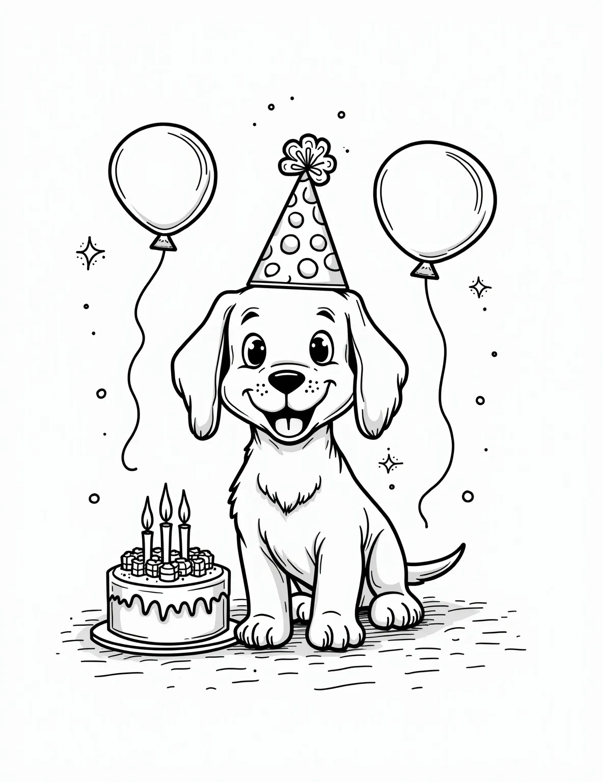 Puppy's Birthday Party Celebration Coloring Page -- prompt: "black lines only Adorable puppy with floppy ears, wearing a polka-dot party hat, sits eagerly before a bone-shaped birthday cake. Balloon outlines and gift box silhouettes surround the scene. Bold, simple lines perfect for coloring. Joyful, celebratory atmosphere with wagging tail and sparkling candles. flat black lines, premium coloring page, coloring sheet, line drawing, Coloring Book, NO COLOR, NO SHADING, WHITE BACKGROUND. NO GRAY, BLACK AND WHITE, NO COLOR" -- It's time to party with this festive puppy birthday coloring page! A joyful pup wears a party hat and sits before a birthday cake with candles. Balloons, presents, and party streamers surround our furry birthday star, creating a truly pawsome celebration scene.