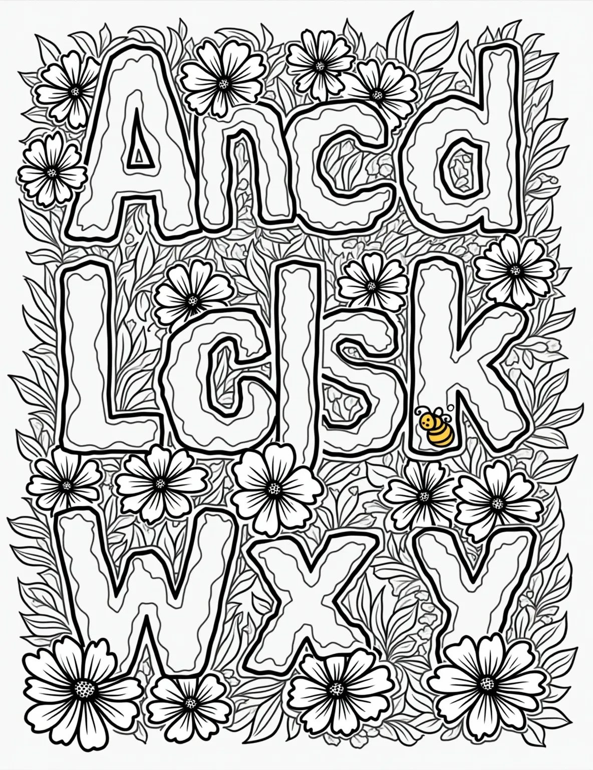 Floral Alphabet Adventure -- prompt: "black lines only Playful alphabet garden coloring page. Each letter blooms with its namesake flower: Aster, Begonia, Chrysanthemum. Curling vines connect letters. Buzzing bees and fluttering butterflies dot the scene. Leaves and petals form intricate patterns, perfect for creative coloring adventures. A charming floral wonderland awaits. flat black lines, premium coloring page, coloring sheet, line drawing, Coloring Book, NO COLOR, NO SHADING, WHITE BACKGROUND. NO GRAY, BLACK AND WHITE, NO COLOR" -- Learn while you color with this floral alphabet coloring page. Each letter of the alphabet is formed by or decorated with flowers that start with that letter (e.g., 'R' for Rose, 'D' for Daisy). This educational and artistic page is perfect for both children learning their ABCs and adults who love typography.