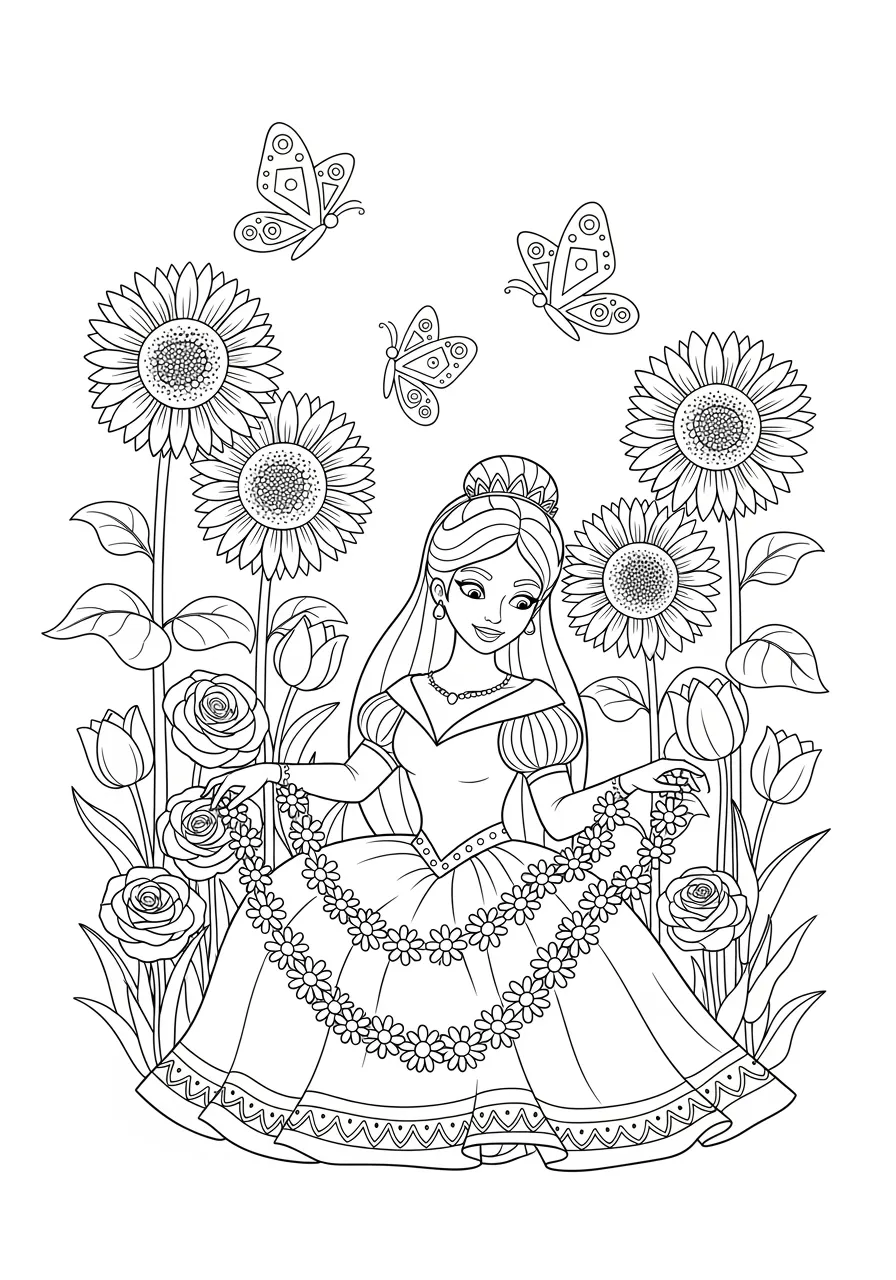 Princess Flower Crown Making Coloring Page -- prompt: "black lines only Cheerful princess with flowing gown sits cross-legged weaving daisy chains, surrounded by bold outlined sunflowers, roses, tulips. Smiling butterflies with geometric wing patterns flutter overhead. Simple black line art perfect for children's coloring, clear boundaries, playful cartoon style illustration. flat black lines, premium coloring page, coloring sheet, line drawing, Coloring Book, NO COLOR, NO SHADING, WHITE BACKGROUND. NO GRAY, BLACK AND WHITE, NO COLOR" -- This delightful scene shows a princess creating beautiful flower crowns in a sunny meadow filled with blooming wildflowers. Baskets of freshly picked flowers surround her as she weaves together colorful blossoms. Butterflies dance around her peaceful workspace in this idyllic setting.
