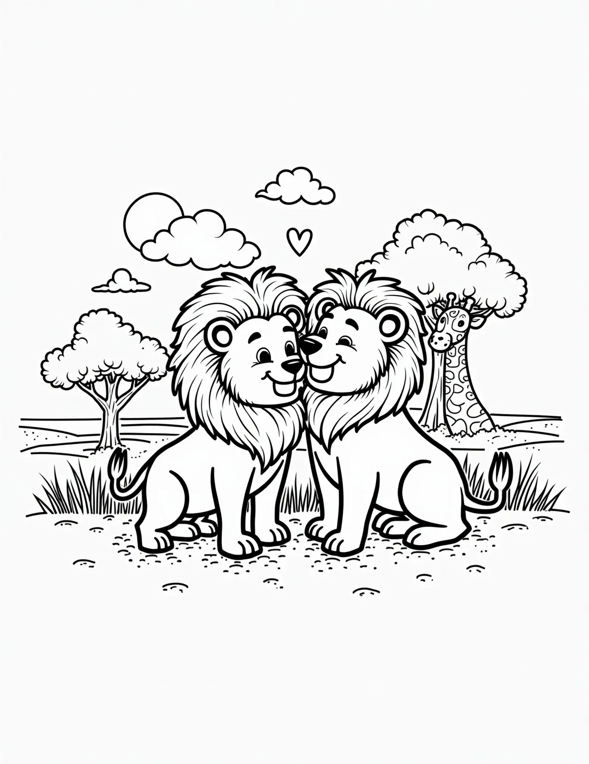 Lion and Lioness Nuzzling -- prompt: "black lines only Adorable lion couple, manes intertwined, rubbing noses lovingly against vibrant orange sky. Simple, bold outlines perfect for coloring. Savanna silhouette, acacia tree, setting sun. Hearts float above, symbolizing romance. Playful African animals peek from corners. Joyful, family-friendly design flat black lines, premium coloring page, coloring sheet, line drawing, Coloring Book, NO COLOR, NO SHADING, WHITE BACKGROUND. NO GRAY, BLACK AND WHITE, NO COLOR" -- A tender moment between a lion and lioness is captured in this romantic scene. The two big cats are shown nuzzling each other affectionately, their manes intertwining. The background hints at a beautiful African sunset, adding warmth to the image.