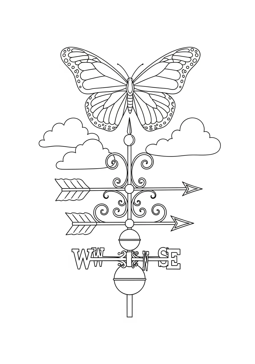 24. Butterfly Weather Vane Design Coloring Page -- prompt: "black lines only Fun coloring book page featuring ornate weather vane topped with large monarch butterfly, bold black outlines, decorative swirls and flourishes along metal shaft, simple geometric patterns, cheerful design perfect for crayons and markers flat black lines, premium coloring page, coloring sheet, line drawing, Coloring Book, NO COLOR, NO SHADING, WHITE BACKGROUND. NO GRAY, BLACK AND WHITE, NO COLOR" -- This decorative coloring page features an ornate weather vane topped with a detailed butterfly design. The artistic metalwork patterns and butterfly silhouette create an elegant combination of functional art and nature appreciation. Perfect for those who enjoy architectural and decorative design elements.