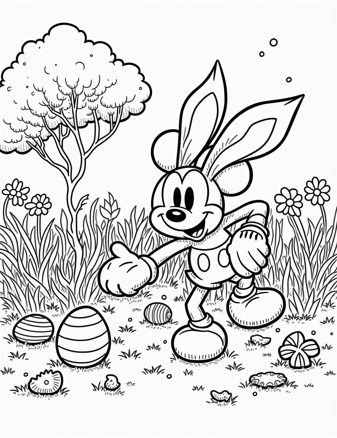 Easter Mickey Mouse Egg Hunt -- prompt: "black lines only Mickey Mouse, sporting floppy bunny ears, searches for Easter eggs in a whimsical garden. Bold outlines define flowers, trees, and hidden eggs. Simplified shapes and patterns create a playful scene perfect for coloring. Mickey's expression radiates excitement as he explores the enchanting landscape. Coloring book style flat black lines, premium coloring page, coloring sheet, line drawing, Coloring Book, NO COLOR, NO SHADING, WHITE BACKGROUND. NO GRAY, BLACK AND WHITE, NO COLOR" -- Join Mickey Mouse on an exciting Easter egg hunt in this charming coloring page. Mickey is dressed in his Easter best, complete with bunny ears, as he searches for colorful eggs hidden in a lush garden. This page is perfect for capturing the joy and adventure of Easter morning.