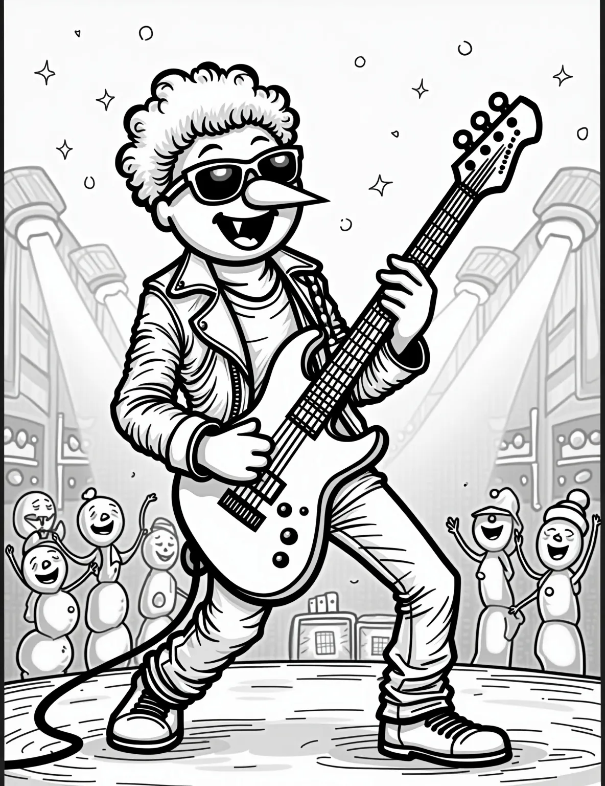 Snowman Rockstar Concert Coloring Page -- prompt: "black lines only Bold outlines frame a rockin' snowman shredding electric guitar on stage. Wearing shades and leather jacket, he's surrounded by exuberant mini-snowmen fans. Simple shapes and thick lines create a lively concert scene perfect for coloring. Amp, speakers, and spotlights complete the setup. flat black lines, premium coloring page, coloring sheet, line drawing, Coloring Book, NO COLOR, NO SHADING, WHITE BACKGROUND. NO GRAY, BLACK AND WHITE, NO COLOR" -- Are you ready to rock? This electrifying coloring page showcases a snowman rockstar performing on stage. With an electric guitar and adoring fans, this frosty musician is bringing down the house... or should we say, the igloo?