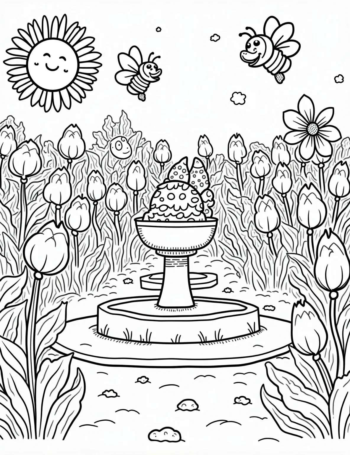 Ice Cream Social Garden Party -- prompt: "black lines only Joyful garden party scene with cheerful outlines. Guests savoring ice cream cones, surrounded by bold flower petals and playful garden decorations. Smiling sun, buzzing bees, and a whimsical fountain. Simple shapes perfect for coloring, evoking a carefree summer atmosphere. flat black lines, premium coloring page, coloring sheet, line drawing, Coloring Book, NO COLOR, NO SHADING, WHITE BACKGROUND. NO GRAY, BLACK AND WHITE, NO COLOR" -- Delight in this charming garden party scene centered around ice cream. Elegantly dressed guests enjoy various ice cream treats amidst beautiful flowers and garden decor. The detailed background and character designs offer a sophisticated coloring experience.