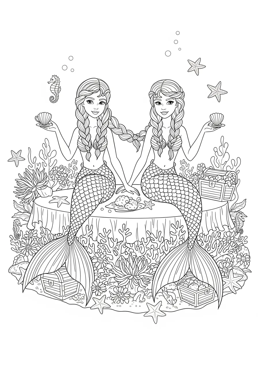 Mermaid Sisters' Underwater Tea Party Coloring Page -- prompt: "black lines only Two smiling mermaid sisters with flowing hair and scaled tails sit cross-legged on coral rock table, holding ornate seashell teacups, surrounded by blooming sea anemones with tentacles, starfish decorations, bold black outlines, clean white background, coloring book style flat black lines, premium coloring page, coloring sheet, line drawing, Coloring Book, NO COLOR, NO SHADING, WHITE BACKGROUND. NO GRAY, BLACK AND WHITE, NO COLOR" -- Two mermaid sisters enjoy a whimsical tea party using large seashells as cups and a flat rock as their table. Colorful sea anemones serve as decorations around their underwater picnic spot. This charming scene combines fantasy with familiar tea party elements that children love.