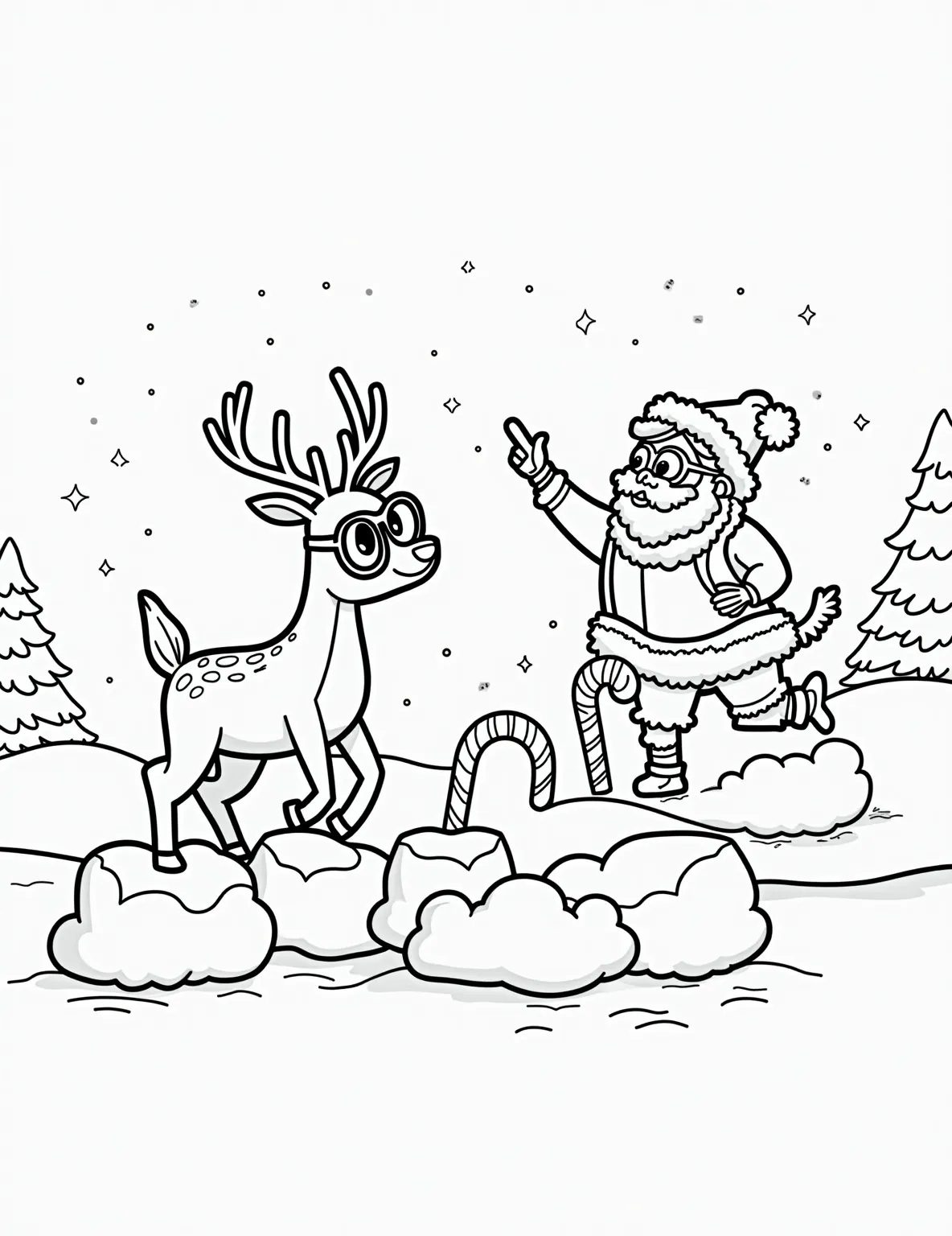 Rudolph's North Pole Training Day -- prompt: "black lines only Adorable Rudolph, with oversized red nose, prances on fluffy clouds. Wise elder reindeer, spectacles perched, gestures encouragingly. North Pole training grounds feature candy cane hurdles, gingerbread obstacles. Elves cheer from sidelines. Snowflakes dance. Bold outlines, simple shapes perfect for coloring. flat black lines, premium coloring page, coloring sheet, line drawing, Coloring Book, NO COLOR, NO SHADING, WHITE BACKGROUND. NO GRAY, BLACK AND WHITE, NO COLOR" -- Witness Rudolph's determination in this inspiring coloring page! It depicts a young Rudolph training for his future role, practicing takeoffs and landings under the watchful eye of a senior reindeer. The North Pole training grounds, complete with obstacle courses and flying rings, make this page both fun and motivational.