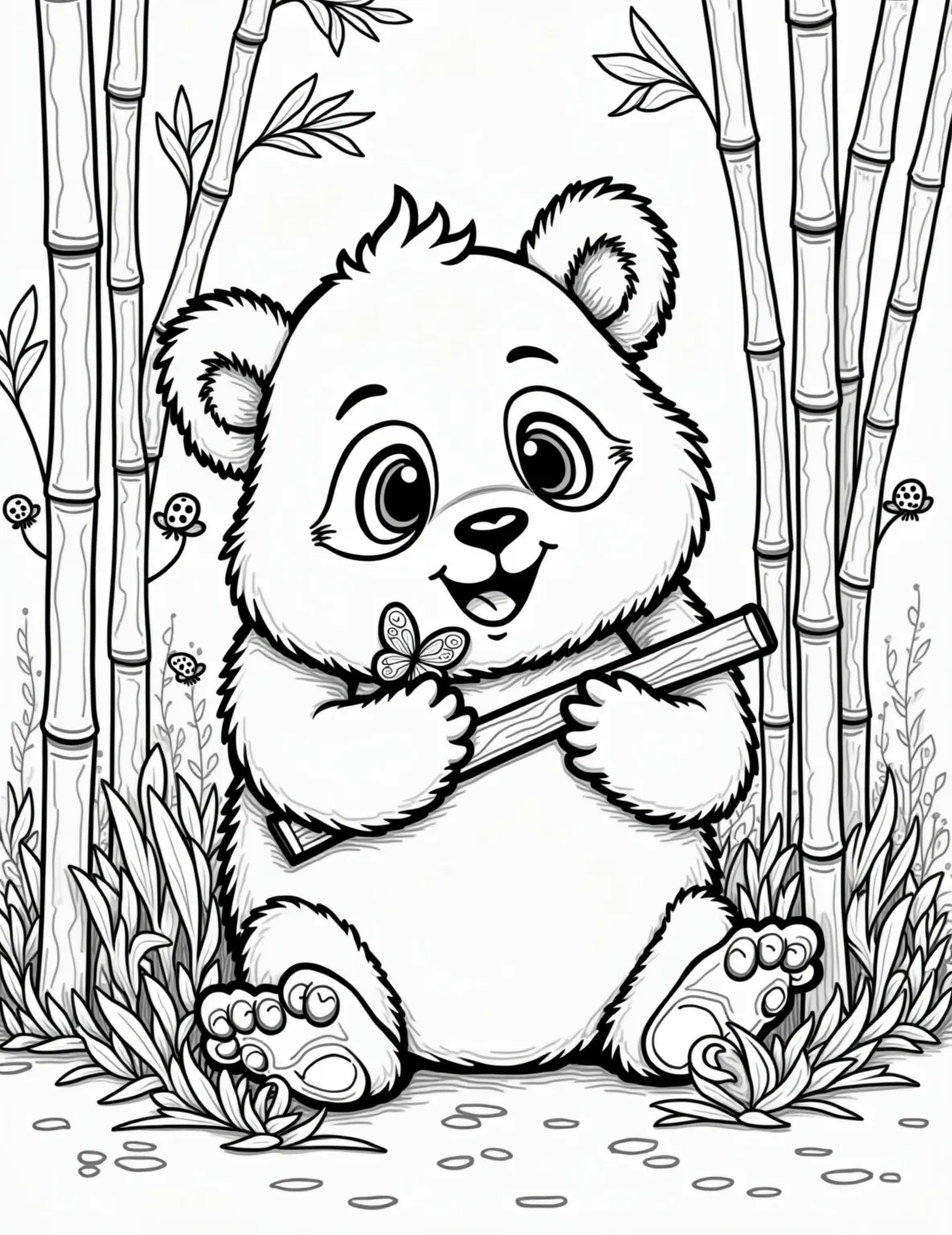 Panda Bear's Bamboo Feast -- prompt: "black lines only Adorable cartoon panda with oversized head and expressive eyes, contentedly munching bamboo. Surrounded by stylized bamboo forest with thick outlines. Bold, simple shapes perfect for coloring. Cheerful scene with hidden butterflies and ladybugs. Zen-like atmosphere encouraging creativity and relaxation. flat black lines, premium coloring page, coloring sheet, line drawing, Coloring Book, NO COLOR, NO SHADING, WHITE BACKGROUND. NO GRAY, BLACK AND WHITE, NO COLOR" -- A chubby panda bear sits contentedly munching on bamboo in this endearing coloring page. The panda's round body and black patches contrast beautifully with the bamboo forest background. This page offers a mix of simple and detailed areas to color.