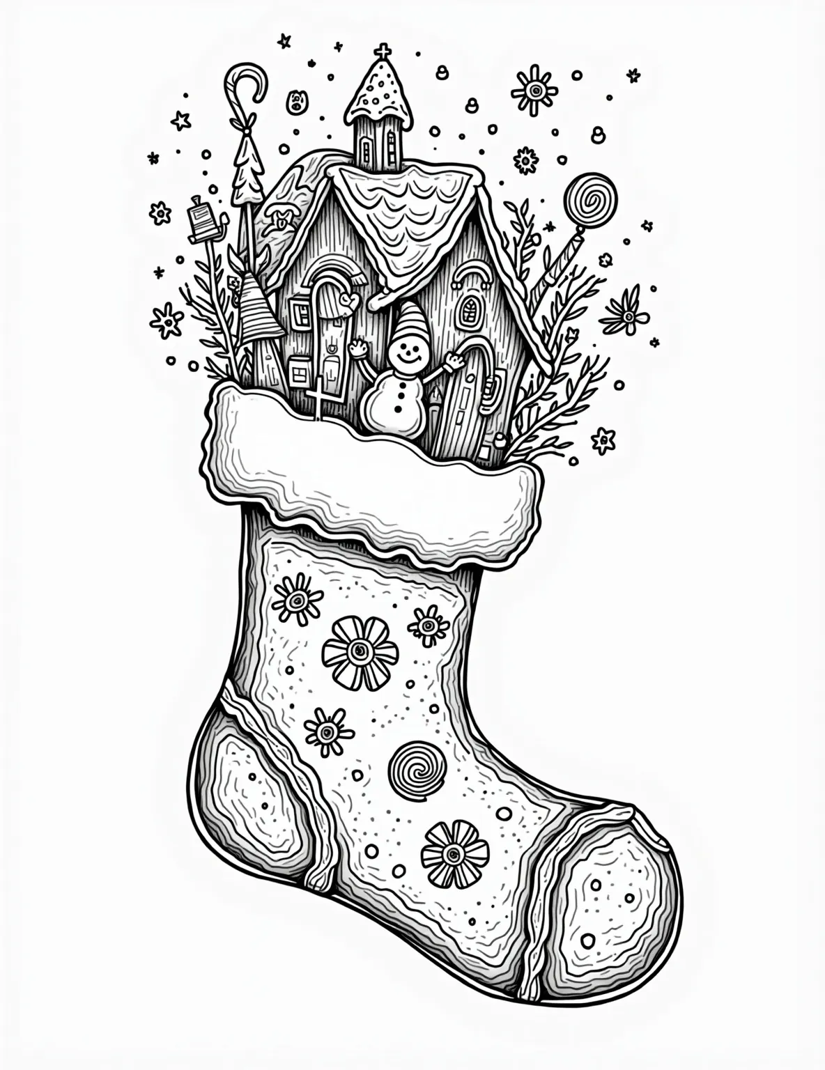 Christmas Village Stocking Coloring Page -- prompt: "black lines only Festive Christmas stocking outline filled with a charming miniature village scene. Bold, thick lines define cozy houses, a quaint church, jolly villagers, fluffy snow-covered trees, and ornate lampposts. Simple patterns adorn buildings and characters, inviting colorful creativity. Playful swirls represent snow flat black lines, premium coloring page, coloring sheet, line drawing, Coloring Book, NO COLOR, NO SHADING, WHITE BACKGROUND. NO GRAY, BLACK AND WHITE, NO COLOR" -- This detailed coloring page showcases a stocking filled with a charming Christmas village. The scene includes tiny houses with twinkling lights, a church with a tall steeple, and miniature villagers. Snow-covered trees and lamposts complete the festive scene.