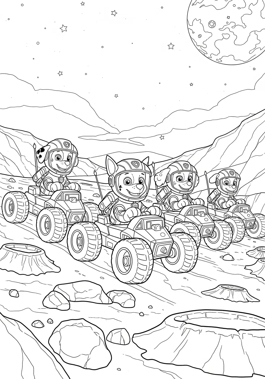 Paw Patrol Pups' Space Mission to Mars Coloring Page -- prompt: "black lines only Paw Patrol pups wearing astronaut helmets and space suits explore Mars surface with rover vehicles, bold black outlines, simple shapes, thick lines, red rocky landscape, Earth floating in starry sky, fun coloring book style coloring page flat black lines, premium coloring page, coloring sheet, line drawing, Coloring Book, NO COLOR, NO SHADING, WHITE BACKGROUND. NO GRAY, BLACK AND WHITE, NO COLOR" -- Blast off with the Paw Patrol pups on an incredible space mission to the red planet Mars! This futuristic coloring page features the pups in space suits exploring the Martian landscape with their specialized space vehicles. The otherworldly setting sparks imagination while introducing young minds to space exploration concepts.