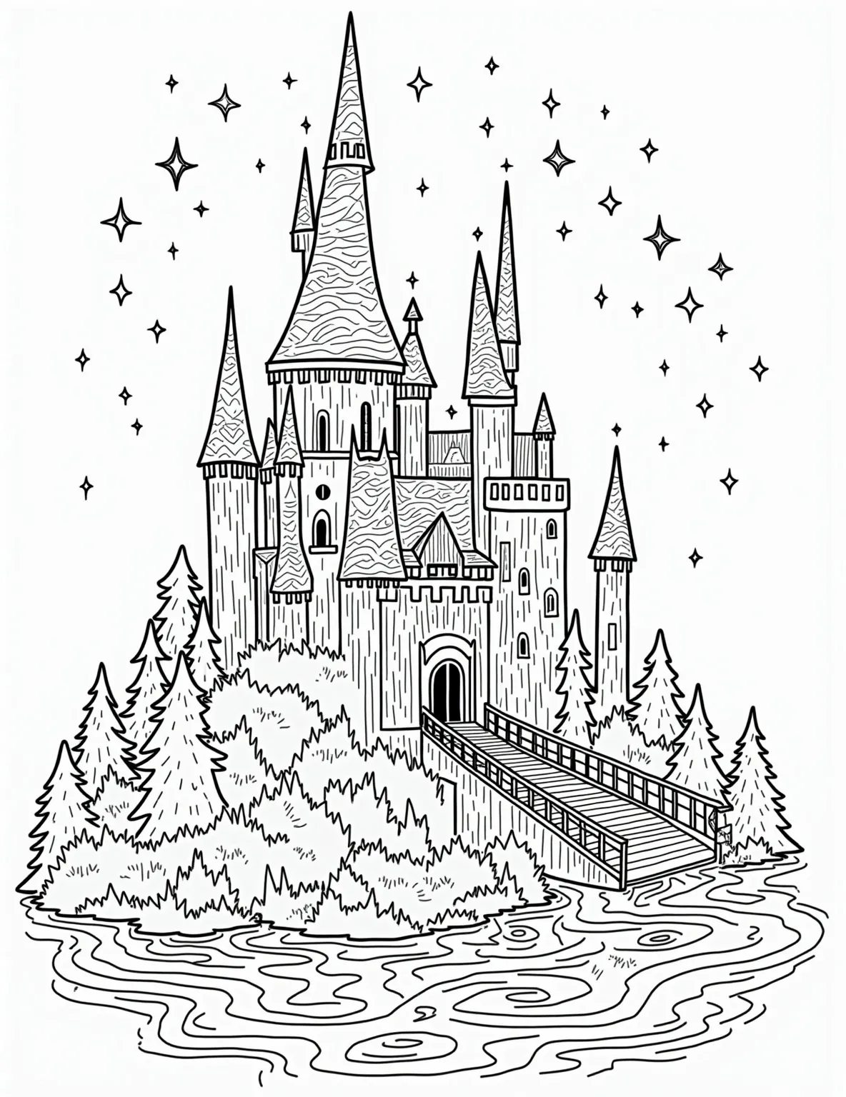 Winter Fairy Tale Castle Snow Globe -- prompt: "black lines only Enchanting coloring page: fairy tale castle with twirling spires, whimsical towers, and drawbridge. Frozen moat with swirling patterns. Starry sky filled with constellations. Surrounding forest with playful animals. Bold outlines, varied textures for coloring fun. Magical atmosphere invites creativity. flat black lines, premium coloring page, coloring sheet, line drawing, Coloring Book, NO COLOR, NO SHADING, WHITE BACKGROUND. NO GRAY, BLACK AND WHITE, NO COLOR" -- Once upon a time, in this enchanting snow globe, stood a magnificent fairy tale castle. Delicate spires and towers rise above snow-covered turrets, while a frozen moat reflects the starry winter sky. This page invites colorists to bring their favorite childhood stories to life with their own color palette.