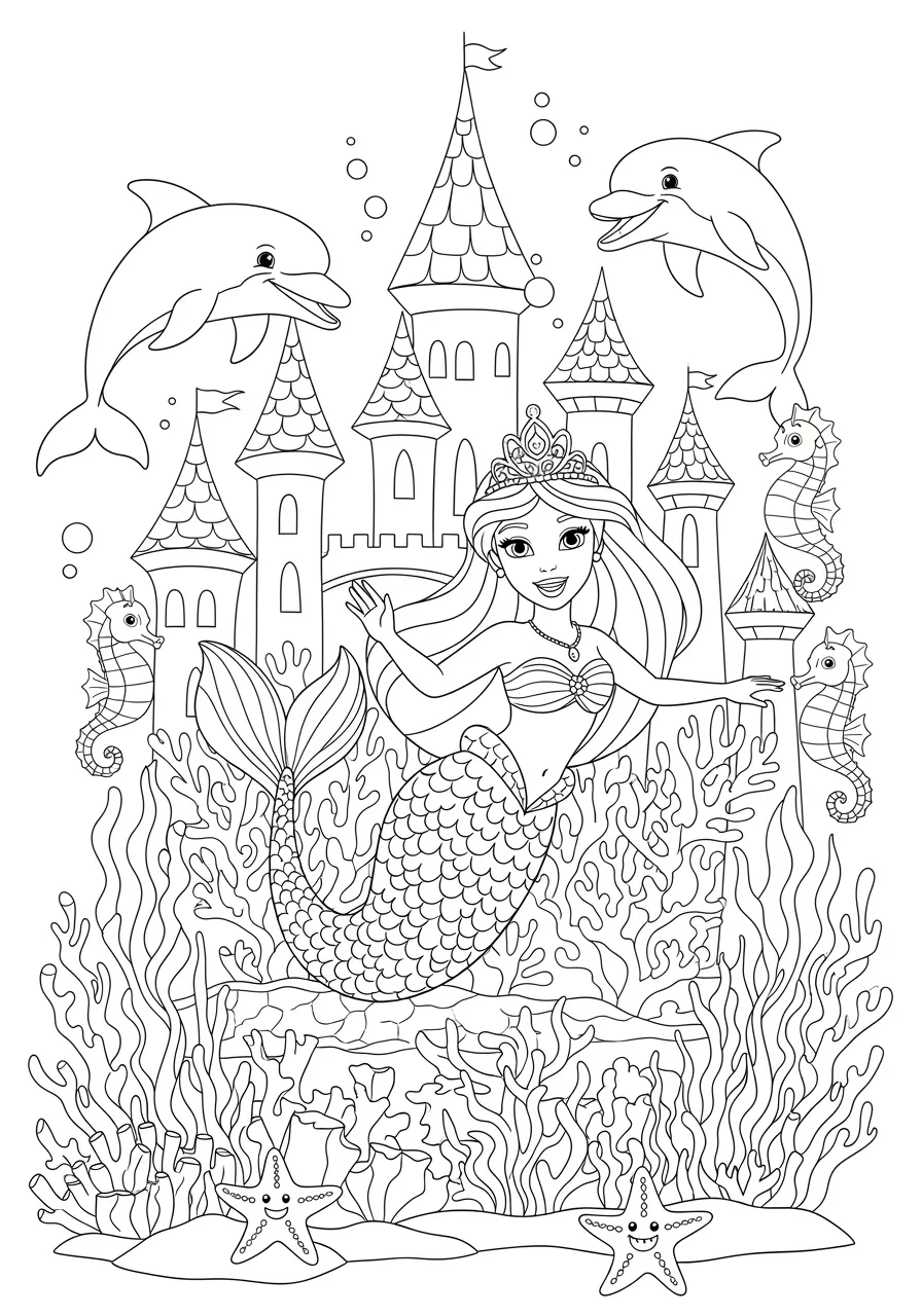 Princess Mermaid Underwater Palace Coloring Page -- prompt: "black lines only Cheerful mermaid princess with crown and flowing scaled tail swimming gracefully around towering coral castle towers, surrounded by smiling tropical fish, seahorses, starfish, and swaying kelp forests in black outline coloring book illustration style flat black lines, premium coloring page, coloring sheet, line drawing, Coloring Book, NO COLOR, NO SHADING, WHITE BACKGROUND. NO GRAY, BLACK AND WHITE, NO COLOR" -- Dive into an underwater fairy tale with this enchanting mermaid princess swimming near her coral palace. Tropical fish, seaweed, and pearl decorations create a magical oceanic kingdom setting. The flowing tail and underwater elements provide wonderful opportunities for gradient coloring and creative aquatic themes.