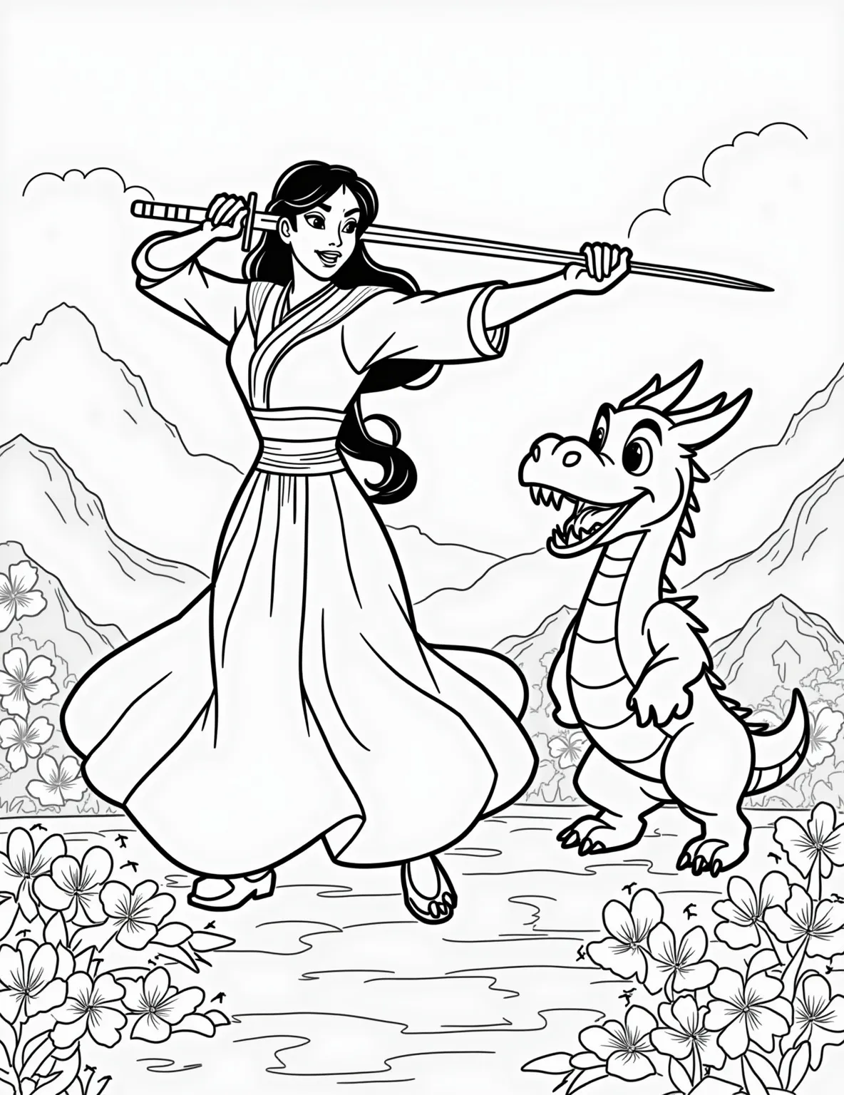 Mulan's Warrior Training -- prompt: "black lines only Mulan, fierce determination etched on her face, practices sword techniques in a simplified, bold-lined coloring book style. Mushu, comically exaggerated, cheers from a rock. Misty mountains, rendered as wavy outlines, frame the background. Large, clear shapes invite creative coloring, capturing the essence of Mulan's journey. flat black lines, premium coloring page, coloring sheet, line drawing, Coloring Book, NO COLOR, NO SHADING, WHITE BACKGROUND. NO GRAY, BLACK AND WHITE, NO COLOR" -- Join Mulan as she transforms into the brave warrior we know and love. This dynamic coloring page shows Mulan practicing her sword skills, with Mushu cheering her on. The background hints at a misty mountain landscape, offering a chance to experiment with subtle color gradients.