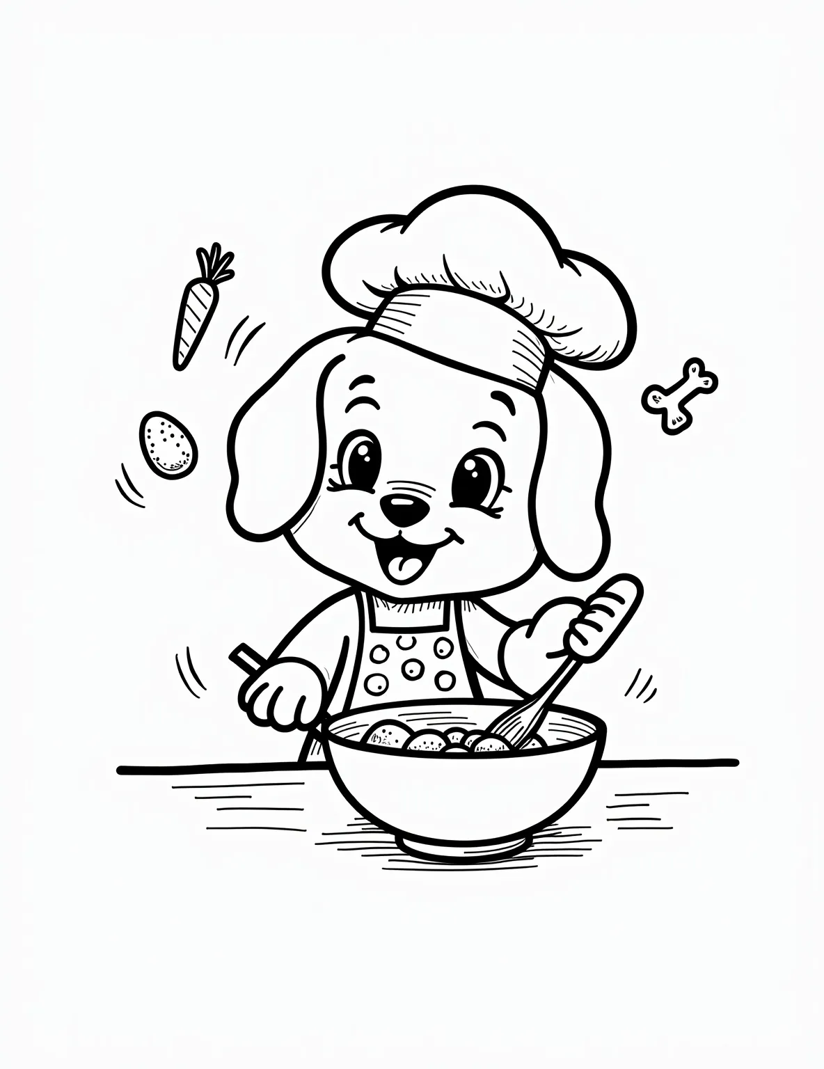 Puppy Chef in the Kitchen Coloring Page -- prompt: "black lines only Adorable puppy chef, oversized toque and polka-dot apron, enthusiastically stirs giant bowl. Kitchen scene with bold outlines, simple shapes. Floating ingredients—carrots, eggs, bones—swirl above. Perfect for coloring, each element distinct. Joyful, playful atmosphere invites creativity. Whiskers and floppy ears accentuated. flat black lines, premium coloring page, coloring sheet, line drawing, Coloring Book, NO COLOR, NO SHADING, WHITE BACKGROUND. NO GRAY, BLACK AND WHITE, NO COLOR" -- Get ready for some culinary cuteness with this amusing coloring page! A puppy chef, complete with a tiny toque and apron, stands on a stool while stirring a big bowl. Floating ingredients and a few spills show that this pup is learning the ropes of cooking.