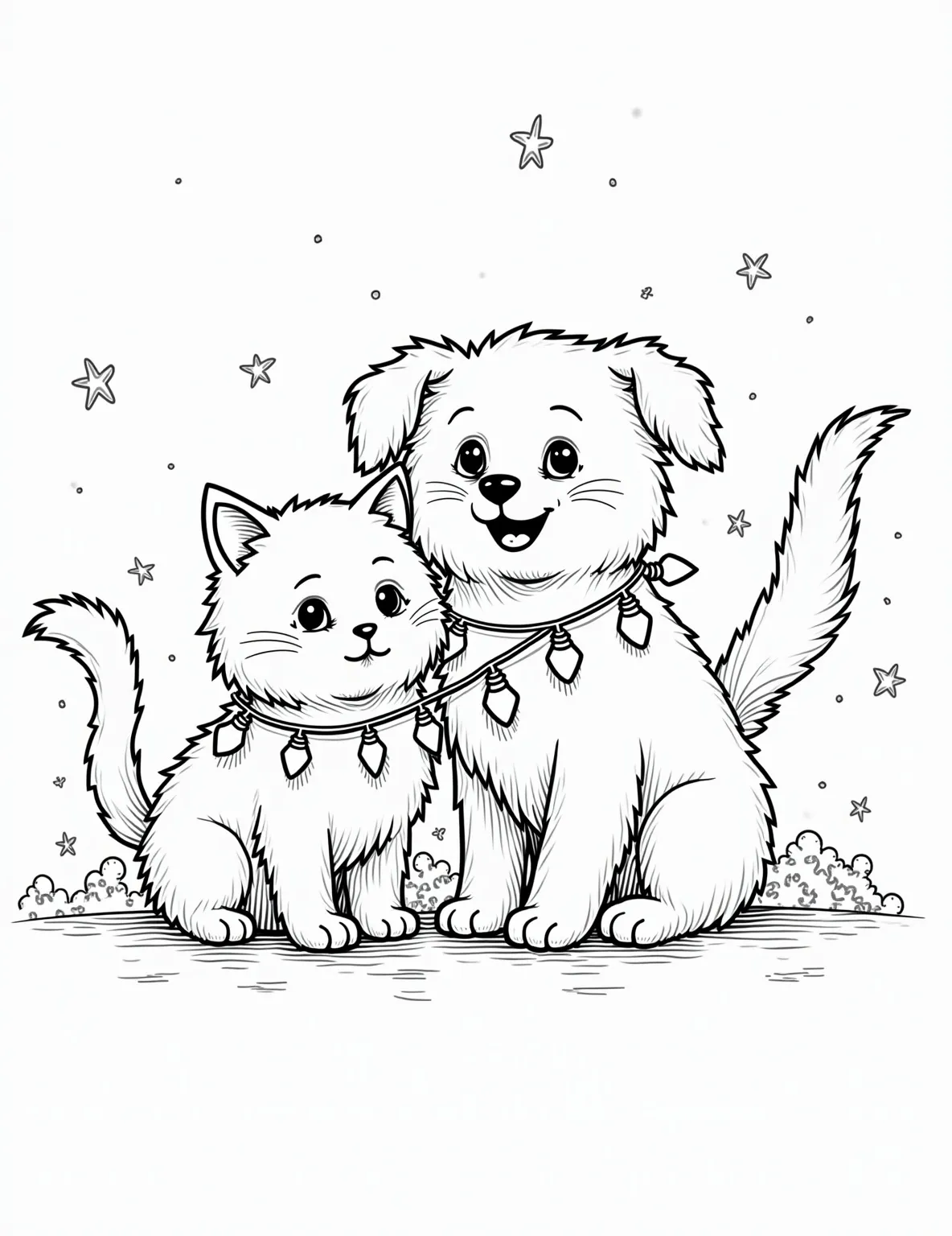 Festive Pets with Christmas Lights Coloring Page -- prompt: "black lines only Playful feline and canine companions intertwined in twinkling Christmas lights. Bold outlines frame their expressive faces and fluffy textures. Simplified shapes create a joyful scene perfect for coloring. Festive ornaments and candy canes scatter around, inviting creative imagination. Black-and-white linework flat black lines, premium coloring page, coloring sheet, line drawing, Coloring Book, NO COLOR, NO SHADING, WHITE BACKGROUND. NO GRAY, BLACK AND WHITE, NO COLOR" -- This heartwarming coloring page features adorable pets - a cat and a dog - playfully tangled in strings of Christmas lights. Their expressions are a mix of curiosity and joy, capturing the fun animals often have with holiday decorations. It's a perfect page for animal lovers and holiday enthusiasts alike.