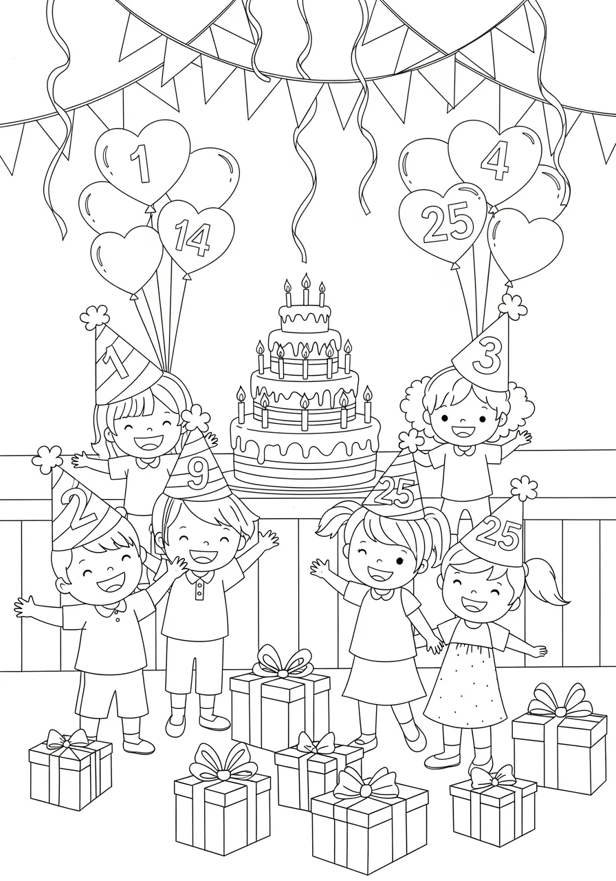 Number Birthday Celebration Coloring Page -- prompt: "black lines only Fun coloring book style birthday celebration with bold black outlines, cheerful guests wearing cone-shaped numbered party hats 1-25, colorful balloons floating above, three-tier cake featuring bright candles, streamers decorating walls, presents scattered below, simple cartoon-style lineart perfect for children's coloring activities flat black lines, premium coloring page, coloring sheet, line drawing, Coloring Book, NO COLOR, NO SHADING, WHITE BACKGROUND. NO GRAY, BLACK AND WHITE, NO COLOR" -- It's party time with balloons numbered 1 through 25 floating above a festive birthday scene! The birthday cake features numbered candles, and party guests wear numbered party hats while playing number-themed games. This joyful celebration makes counting as fun as blowing out birthday candles.