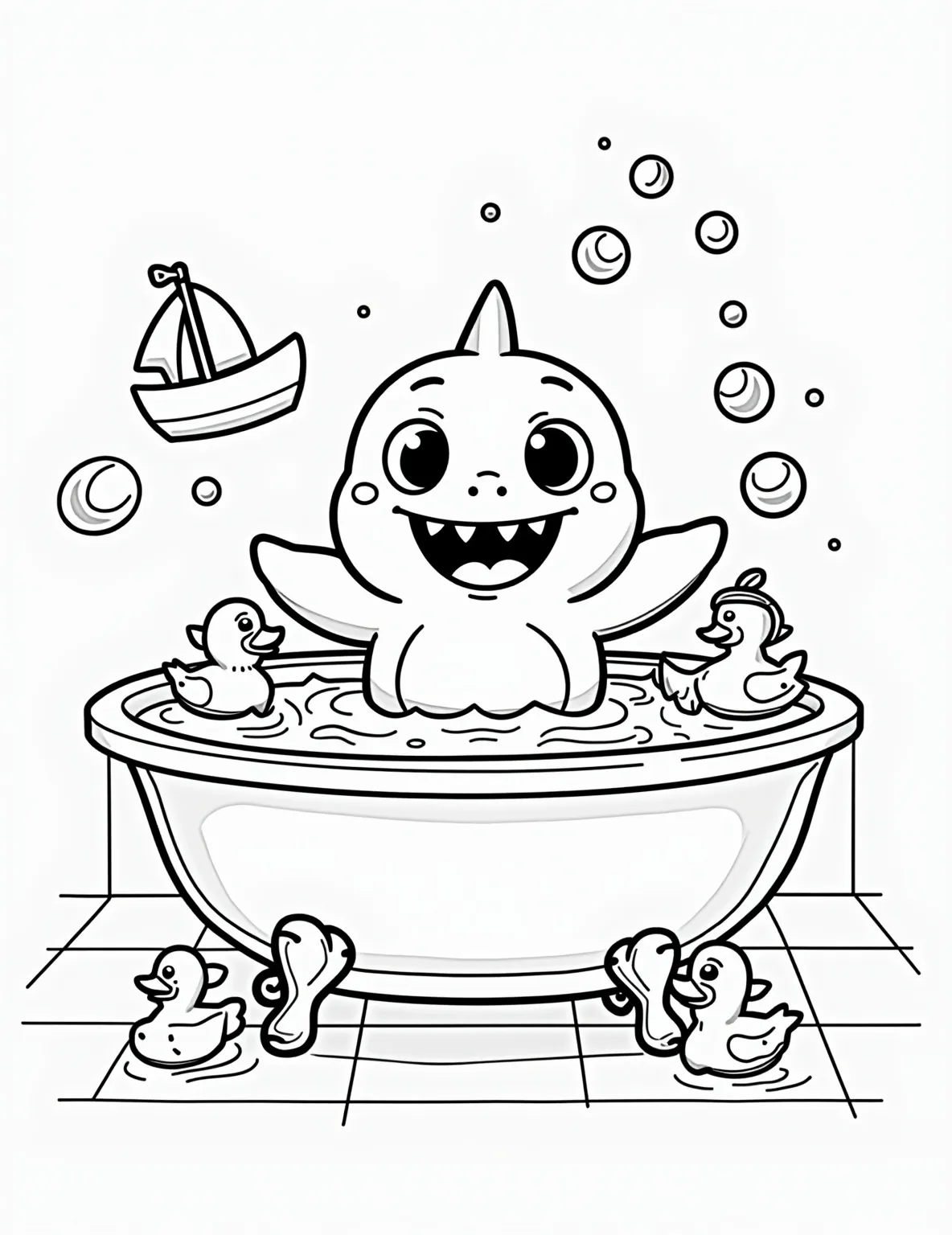 Baby Shark's Bubble Bath -- prompt: "black lines only Adorable cartoon baby shark splashing in bubble-filled bathtub. Outlined rubber ducks float nearby, toy boats sail around. Thick, bold lines define cheerful scene. Empty spaces await vibrant colors. Bathroom tiles form simple background grid. Joyful expression on shark's face. Coloring book page flat black lines, premium coloring page, coloring sheet, line drawing, Coloring Book, NO COLOR, NO SHADING, WHITE BACKGROUND. NO GRAY, BLACK AND WHITE, NO COLOR" -- Splash into cuteness with this adorable baby shark bath time coloring page. It depicts a tiny, cartoon shark playing in a bubble-filled bathtub with rubber ducks and toy boats. This page is perfect for toddlers and young children who love the baby shark theme.