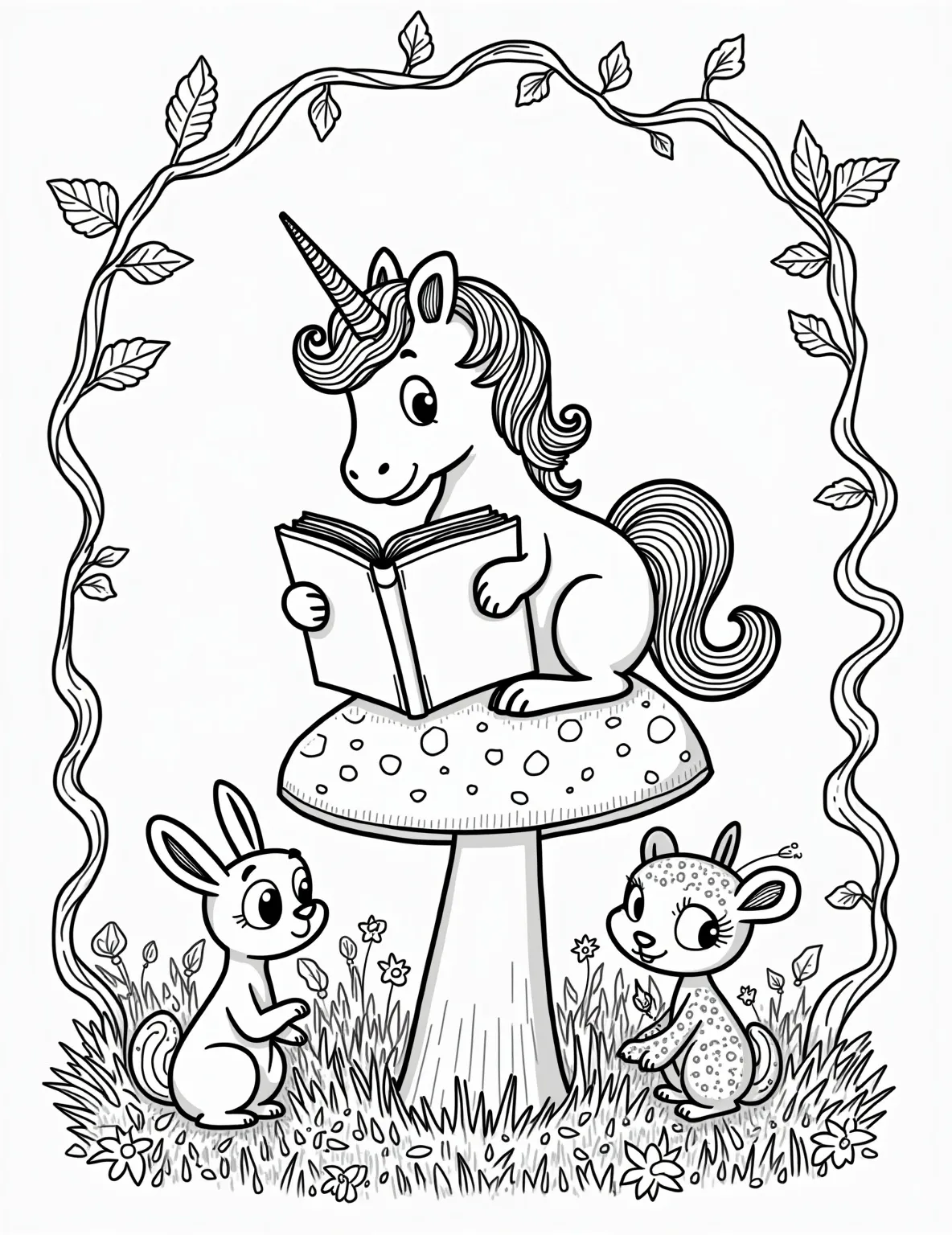 Unicorn's Storytime Circle -- prompt: "black lines only Magical unicorn with flowing mane perches on toadstool, reading oversized storybook. Wide-eyed forest creatures—bunnies, squirrels, deer—gather in semi-circle. Woodland scene framed by twisting vines and flowers. Bold outlines perfect for coloring. Enchanting fairy tale atmosphere inspires creativity. flat black lines, premium coloring page, coloring sheet, line drawing, Coloring Book, NO COLOR, NO SHADING, WHITE BACKGROUND. NO GRAY, BLACK AND WHITE, NO COLOR" -- This heartwarming scene depicts a unicorn reading a storybook to a circle of forest animal friends. The animals, including a rabbit, squirrel, and bird, are drawn with simple shapes that are easy for toddlers to color. This page celebrates the magic of storytelling and friendship.