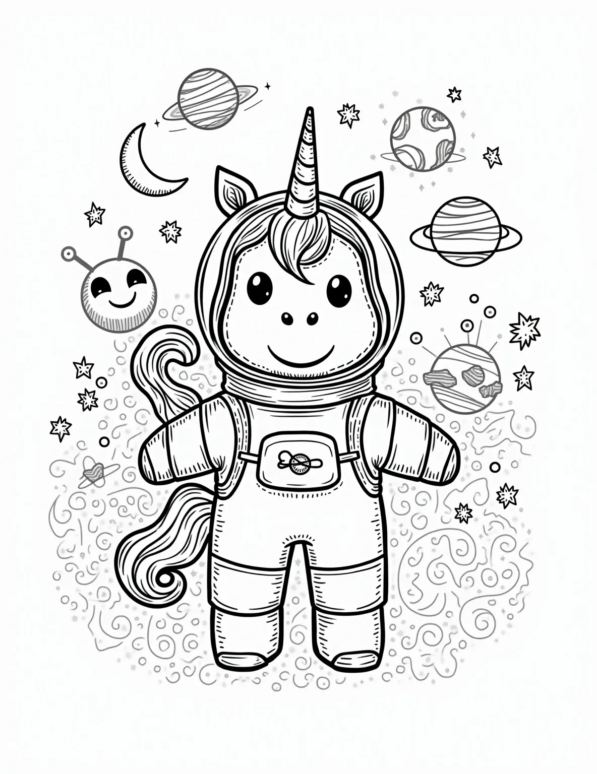 Unicorn's Outer Space Odyssey -- prompt: "black lines only Playful unicorn wearing astronaut helmet, mane flowing inside. Floating amidst simple geometric planets, crescent moons, and twinkling stars. Bold outlines perfect for coloring. Cheerful expression, spiral horn prominent. Background filled with swirling galaxy patterns and cute alien creatures. Fun flat black lines, premium coloring page, coloring sheet, line drawing, Coloring Book, NO COLOR, NO SHADING, WHITE BACKGROUND. NO GRAY, BLACK AND WHITE, NO COLOR" -- This out-of-this-world scene depicts a unicorn floating in space, surrounded by simple star and planet shapes. The unicorn wears a cute space helmet, adding to the cosmic adventure. Toddlers can explore a galaxy of colors as they bring this interstellar unicorn journey to life.