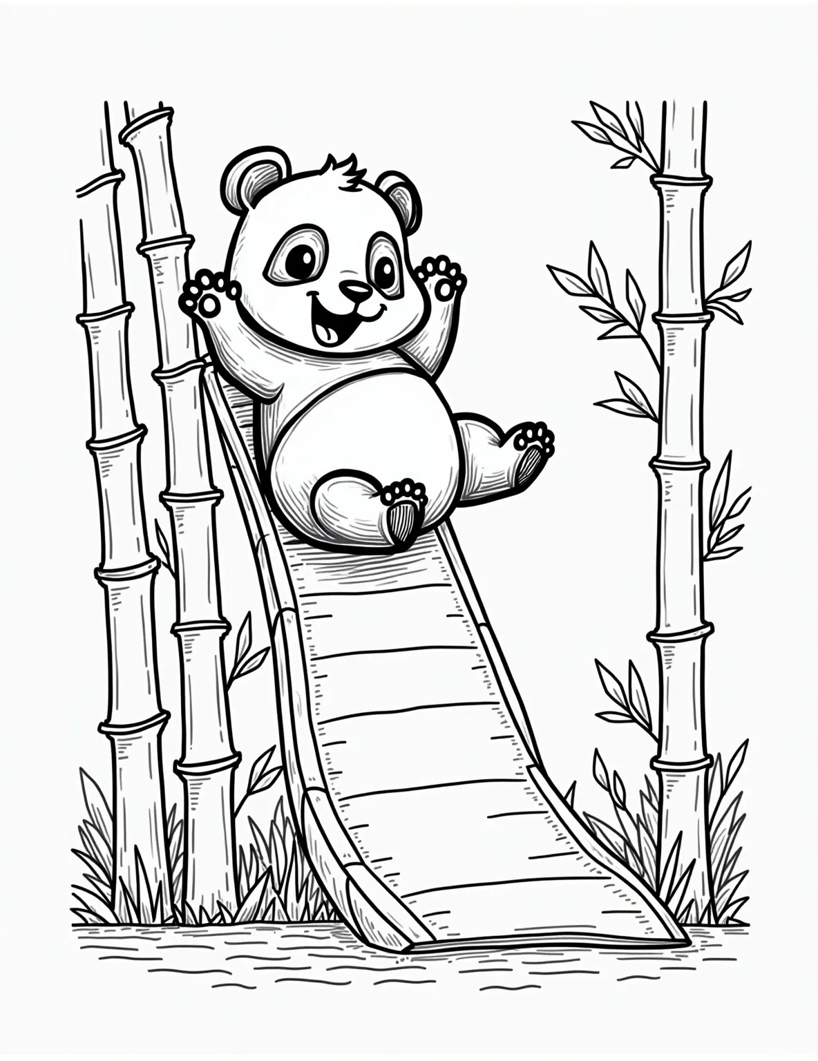 Panda's Bamboo Slide Adventure Coloring Page -- prompt: "black lines only Cheerful panda bear zooms down giant bamboo stalk slide, arms raised in glee. Bold, black outlines define fluffy fur and round belly. Surrounding bamboo forest with simple leaf shapes. Perfect for coloring, with large spaces and playful patterns. Joyful scene captures panda's flat black lines, premium coloring page, coloring sheet, line drawing, Coloring Book, NO COLOR, NO SHADING, WHITE BACKGROUND. NO GRAY, BLACK AND WHITE, NO COLOR" -- Experience the joy of a panda's playtime with this exciting coloring page. It shows a gleeful panda sliding down a large bamboo stalk as if it were a slide in a playground. The panda's expression of pure delight and the dynamic pose make this page a fun challenge for colorists who enjoy adding motion to their work.