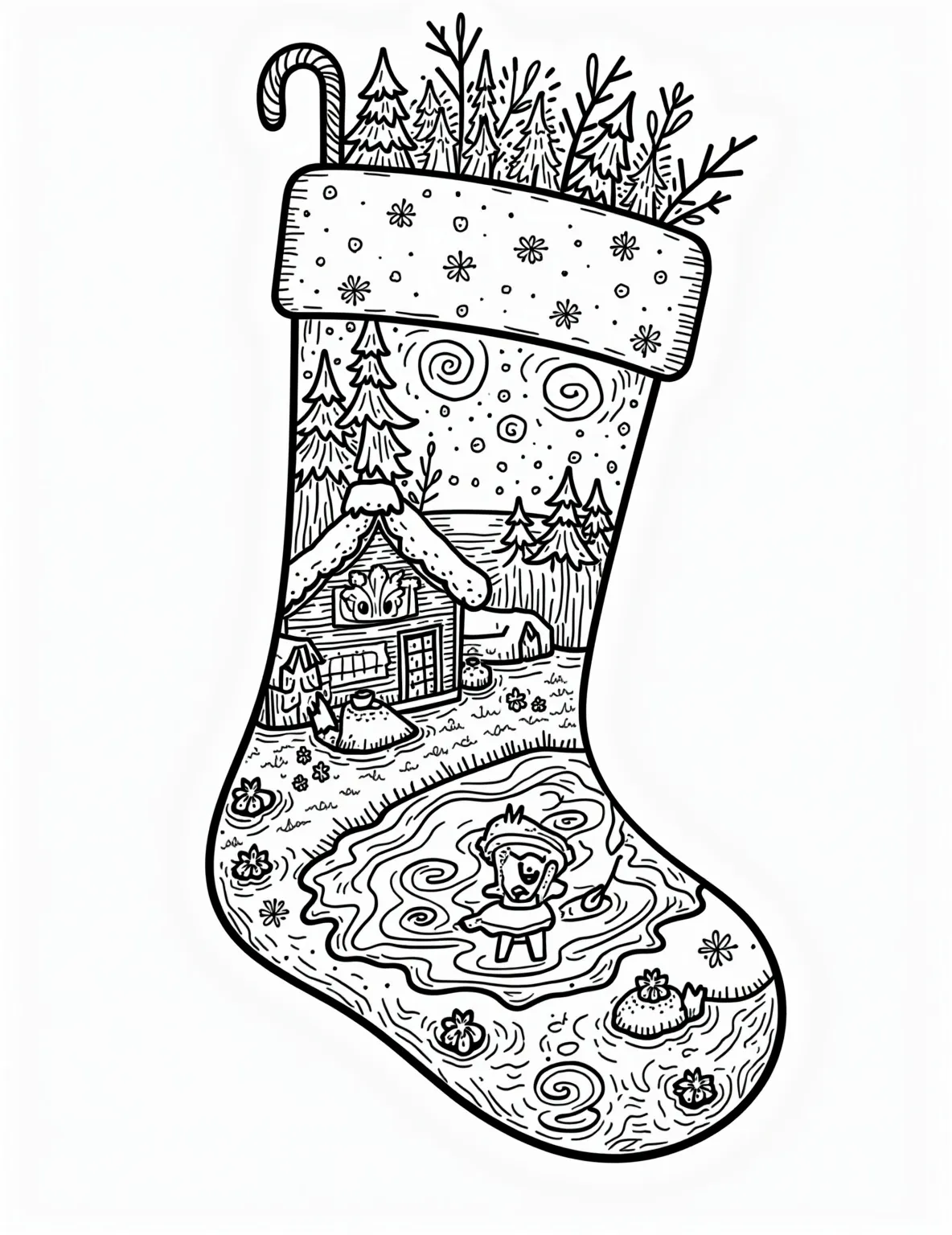 Winter Wonderland Stocking Coloring Page -- prompt: "black lines only Christmas stocking outline with bold, simple shapes: miniature winter wonderland inside. Chunky trees with swirling snow patterns, jagged frozen pond, boxy log cabin. Thick black lines perfect for coloring. Cheerful holiday scene with playful, oversized snowflakes and charming woodland creatures peeking out. flat black lines, premium coloring page, coloring sheet, line drawing, Coloring Book, NO COLOR, NO SHADING, WHITE BACKGROUND. NO GRAY, BLACK AND WHITE, NO COLOR" -- This enchanting coloring page showcases a stocking filled with a miniature winter wonderland. The scene includes tiny snow-covered trees, a frozen pond with ice skaters, and a small log cabin. Snowflakes and icicles decorate the stocking's trim.