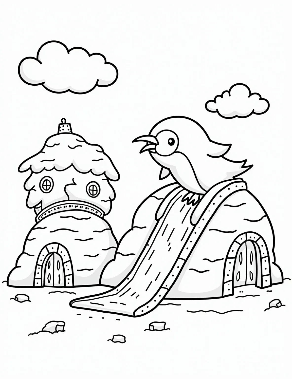 Curious Penguin's Igloo Adventure Coloring Page -- prompt: "black lines only Adorable penguin gliding down icy spiral, surrounded by igloo village. Fish-shaped windows and snowflake patterns adorn igloos. Thick, bold outlines define each element. Simple, clean shapes perfect for coloring. Joyful scene captures Antarctic charm in playful, child-friendly design. flat black lines, premium coloring page, coloring sheet, line drawing, Coloring Book, NO COLOR, NO SHADING, WHITE BACKGROUND. NO GRAY, BLACK AND WHITE, NO COLOR" -- Embark on an arctic journey with this adorable penguin coloring page! The inquisitive penguin is exploring a fanciful igloo village, complete with ice slides and fish-shaped windows. This page offers a delightful mix of simple shapes for younger colorists and playful details for the more experienced.