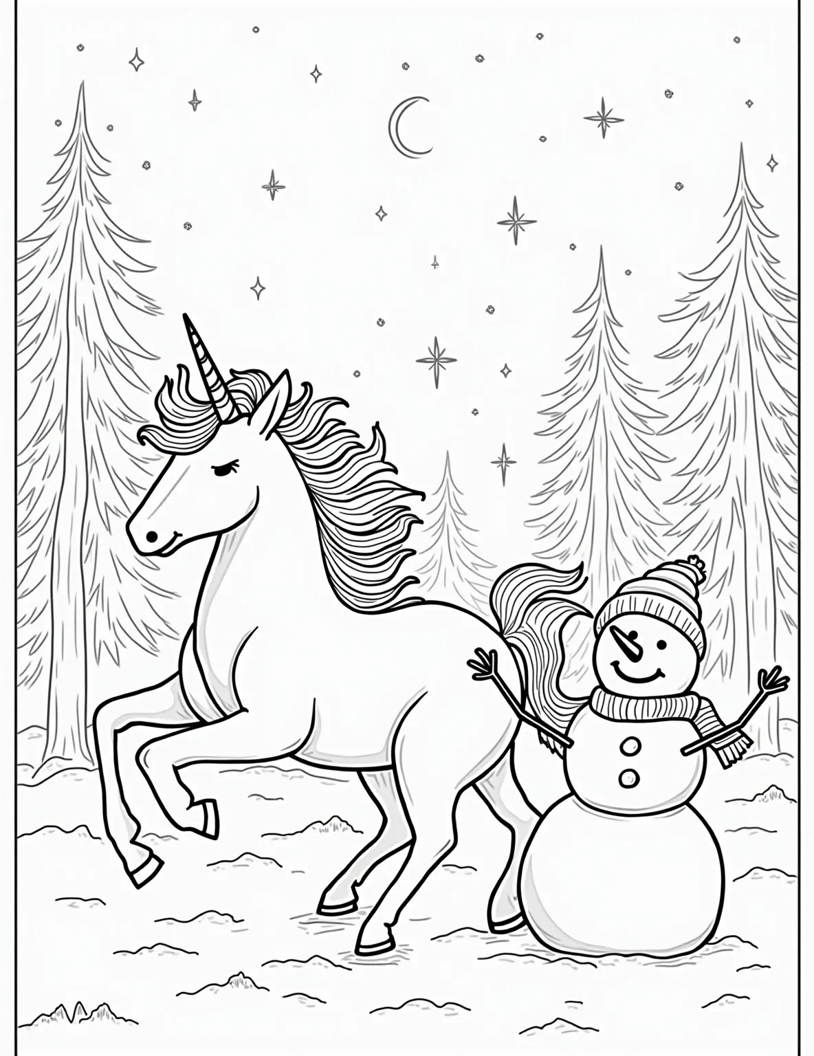 Unicorn's Winter Wonderland -- prompt: "black lines only Playful unicorn prancing through snowy wonderland. Bold outlines frame whimsical snowflakes, each unique. Cheerful snowman with carrot nose and stick arms. Bare trees with snow-laden branches. Pine forest backdrop. Starry night sky. Perfect for coloring book adventure. Magical winter scene awaits vibrant colors. flat black lines, premium coloring page, coloring sheet, line drawing, Coloring Book, NO COLOR, NO SHADING, WHITE BACKGROUND. NO GRAY, BLACK AND WHITE, NO COLOR" -- This cozy scene shows a unicorn playing in a snowy landscape. Snowflakes are represented by simple star shapes, and there's a basic snowman for extra winter fun. Toddlers can explore different shades of blue and white to bring this magical winter scene to life.