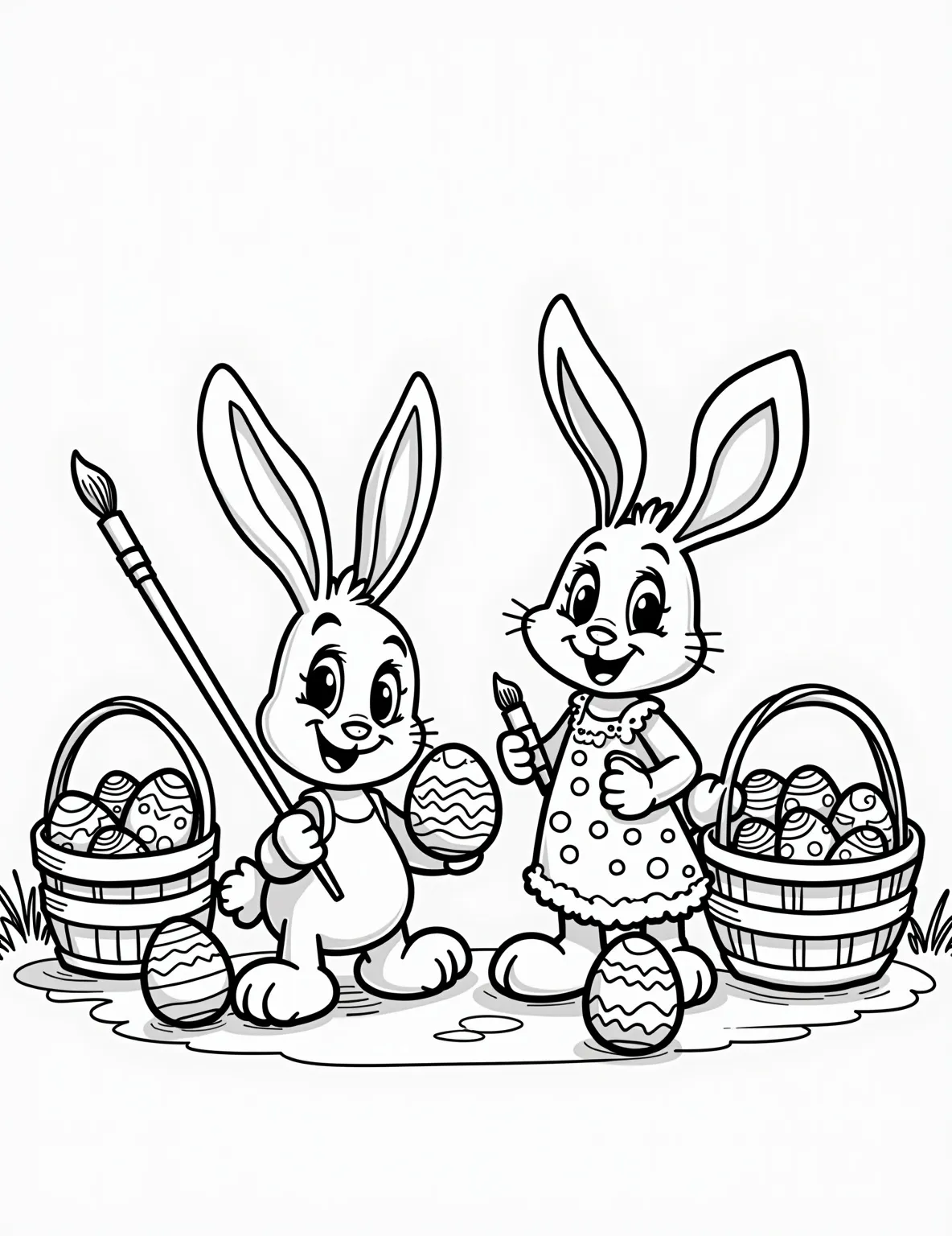 Easter Egg Decorating Station -- prompt: "black lines only Playful Easter egg decorating station with bold outlines. Cheerful bunny assistants guide egg painting. Oversized paintbrushes, swirling patterns, and dotted designs fill the page. Smiling eggs await decoration. Baskets overflow with festive supplies. Simple shapes create a joyful, easy-to-color scene. flat black lines, premium coloring page, coloring sheet, line drawing, Coloring Book, NO COLOR, NO SHADING, WHITE BACKGROUND. NO GRAY, BLACK AND WHITE, NO COLOR" -- This interactive coloring page showcases a busy Easter egg decorating station. It features blank egg outlines that can be filled with patterns, along with a variety of decorating tools like paintbrushes, stickers, and glitter. Bunny assistants offer inspiration and help, making this page both a coloring activity and a design challenge.