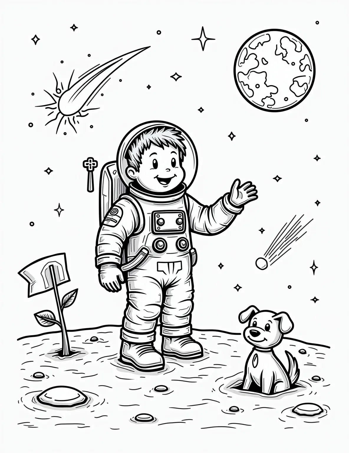 Curious Astronaut on the Moon -- prompt: "black lines only Astronaut with big smile, spacesuit outlined in thick black lines. Moon's cratered surface, dotted with stars. Earth as colorful circle. Lunar module nearby. Flag planted. Alien peeking from crater. Meteor shower streaks sky. Space dog floating. Coloring book style, empty spaces for filling. flat black lines, premium coloring page, coloring sheet, line drawing, Coloring Book, NO COLOR, NO SHADING, WHITE BACKGROUND. NO GRAY, BLACK AND WHITE, NO COLOR" -- This charming coloring page features an inquisitive astronaut taking their first steps on the lunar surface. The detailed spacesuit and the cratered moonscape provide an excellent opportunity for creative coloring. It's a perfect blend of realism and whimsy that will captivate both children and adults.