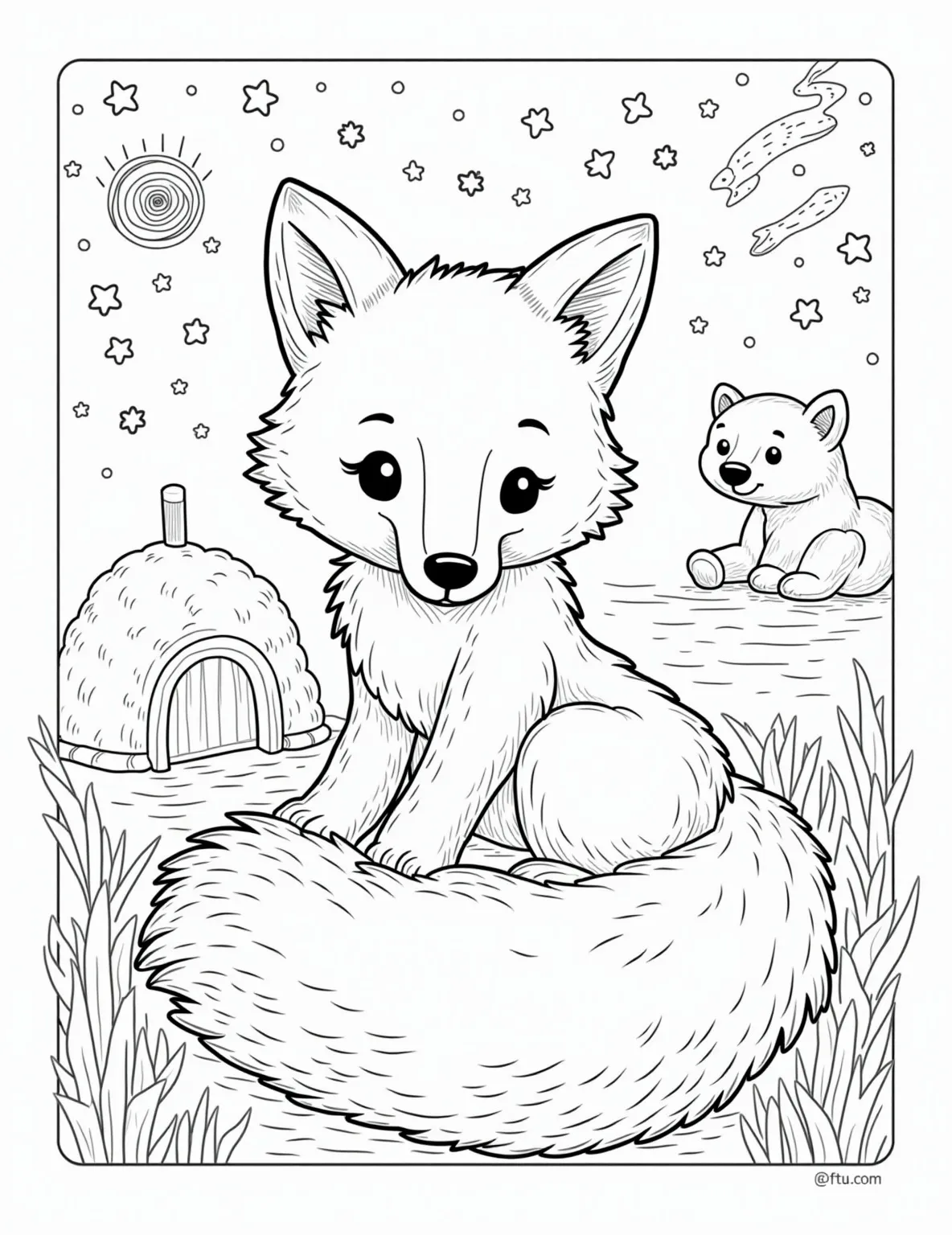 Arctic Fox Camouflaged in the Tundra -- prompt: "black lines only Arctic fox outline with fluffy tail, hidden among snowflakes and icicles. Playful igloo, fishing hole, and Northern Lights in background. Thick borders, simple shapes for easy coloring. Polar bear peeking from corner. Cheerful winter scene for all ages to enjoy. Coloring book page design flat black lines, premium coloring page, coloring sheet, line drawing, Coloring Book, NO COLOR, NO SHADING, WHITE BACKGROUND. NO GRAY, BLACK AND WHITE, NO COLOR" -- Discover the beauty of adaptation with this arctic fox coloring page. The fox, with its thick white coat, is barely visible against the snowy tundra landscape. This page offers a great opportunity to learn about camouflage and arctic animals.