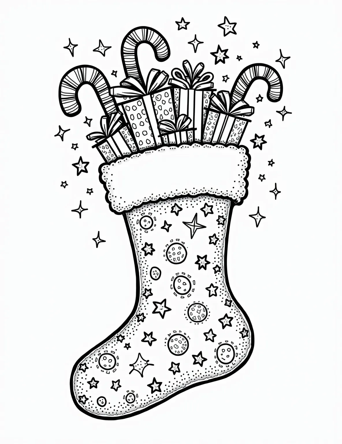 Personalized Name Stocking Coloring Page -- prompt: "black lines only Festive Christmas stocking outline with bold, chunky lines perfect for coloring. Banner for name, cuff for message. Playful holiday symbols: candy canes, stars, snowflakes. Cheerful doodles of presents, ornaments, and Santa's hat. Swirling patterns and jolly curves create a merry, interactive coloring page. flat black lines, premium coloring page, coloring sheet, line drawing, Coloring Book, NO COLOR, NO SHADING, WHITE BACKGROUND. NO GRAY, BLACK AND WHITE, NO COLOR" -- This customizable coloring page showcases a stocking with a blank banner for adding a name. The stocking is decorated with holiday symbols like stars, snowflakes, and holly leaves. The cuff features a space for drawing or writing a special message.