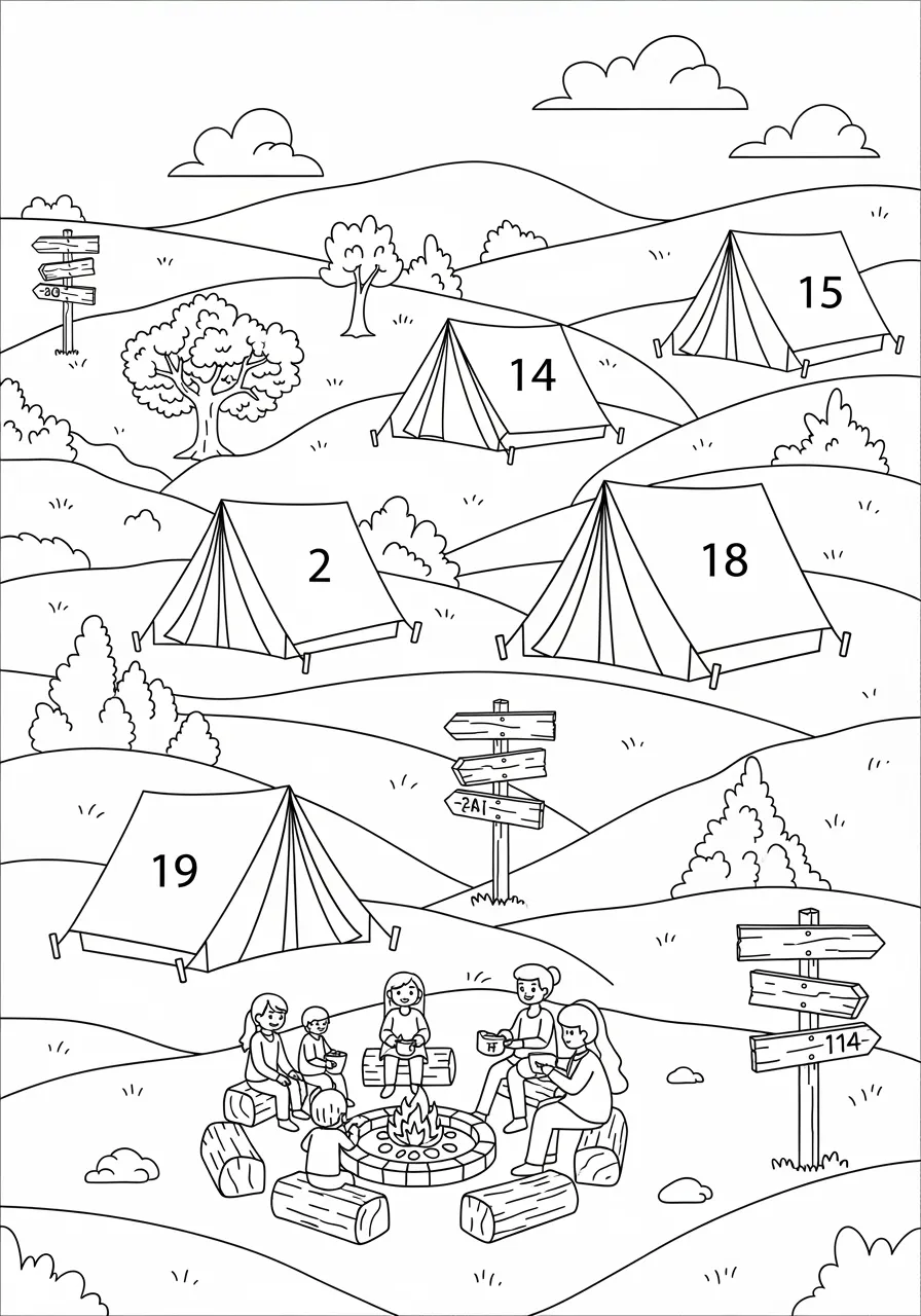 Number Camping Adventure Coloring Page -- prompt: "black lines only Fun coloring book camping adventure featuring bold outlined tents numbered 1-19 scattered across rolling hills, wooden trail markers pointing different directions, happy families gathered around circular fire pits with large numbers, thick black lines perfect for coloring flat black lines, premium coloring page, coloring sheet, line drawing, Coloring Book, NO COLOR, NO SHADING, WHITE BACKGROUND. NO GRAY, BLACK AND WHITE, NO COLOR" -- Set up camp in the great outdoors where tents are numbered 1 through 19 and hiking trails are marked with numerical signs. Campers follow numbered nature guides while roasting marshmallows around numbered fire pits. This wilderness scene makes outdoor education both adventurous and numerical.