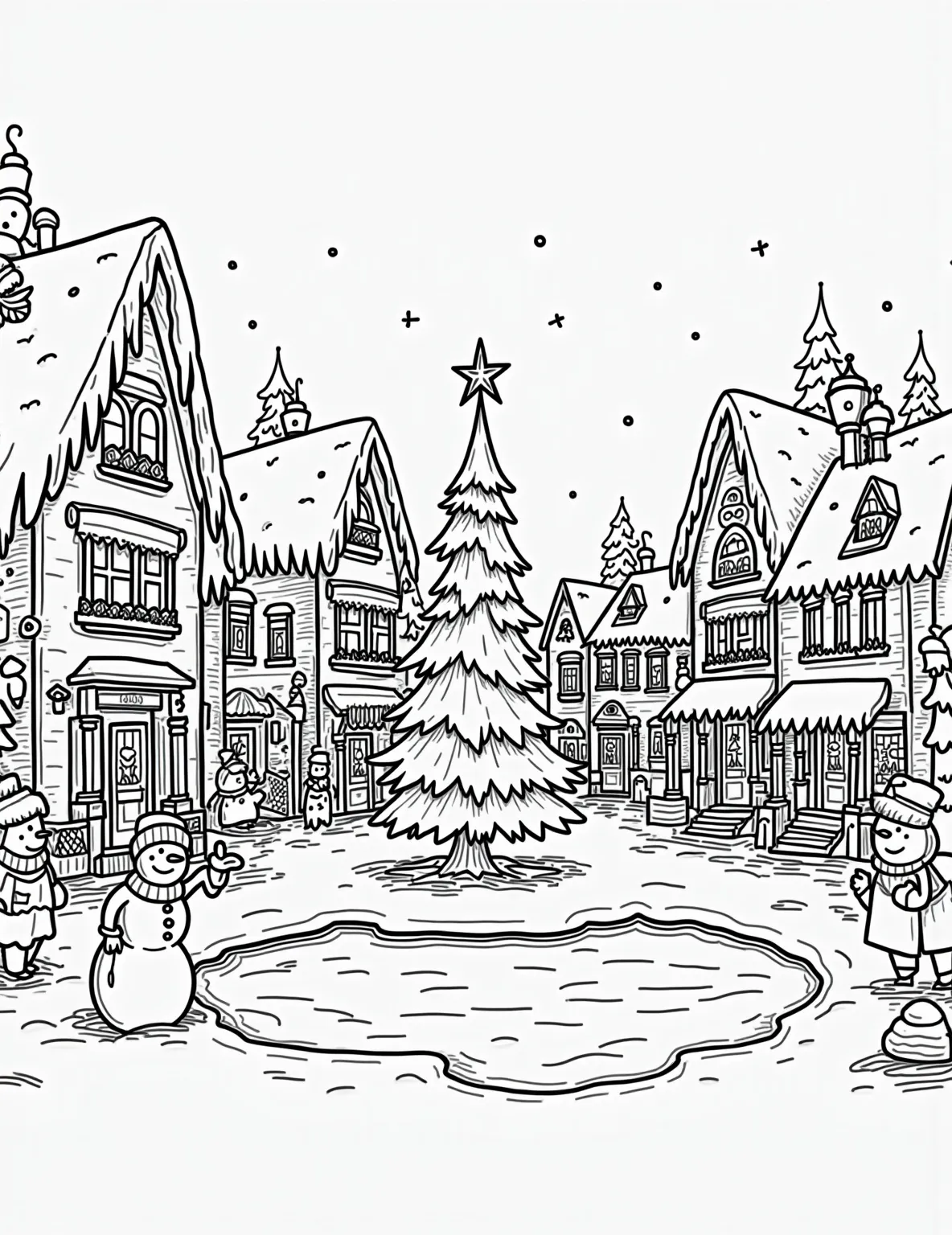 Festive Christmas Village Coloring Page -- prompt: "black lines only Charming Christmas village coloring page: bold outlines of snow-capped cottages, ornate streetlamps, and festive garlands. Cheerful townsfolk ice-skating, building snowmen, and caroling. Whimsical details include gingerbread-style decorations, candy cane lampposts, and a central Christmas tree. Simple, fun shapes for easy coloring. flat black lines, premium coloring page, coloring sheet, line drawing, Coloring Book, NO COLOR, NO SHADING, WHITE BACKGROUND. NO GRAY, BLACK AND WHITE, NO COLOR" -- Transport yourself to a picturesque Christmas village with this detailed coloring page. The scene features charming cottages with snow-covered roofs, twinkling lights, and festive decorations throughout the streets. This page is ideal for those who enjoy creating intricate, scenic holiday artwork.