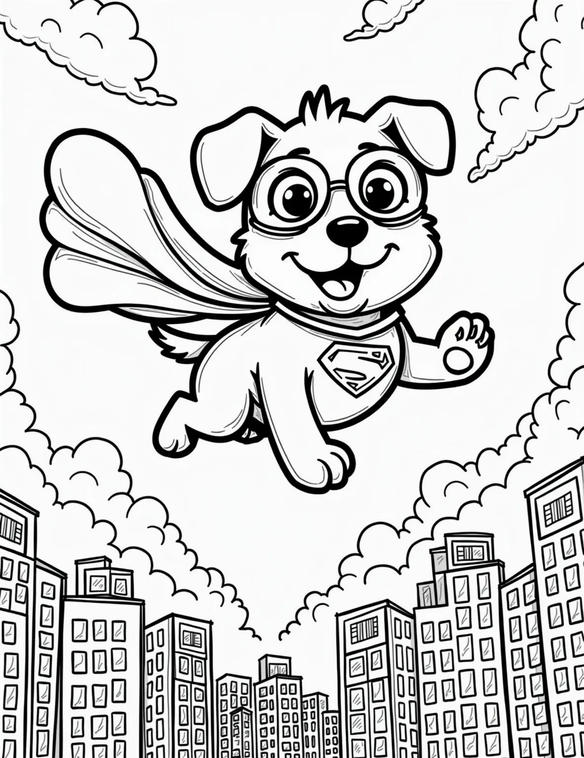 Superhero Puppy to the Rescue Coloring Page -- prompt: "black lines only Adorable puppy superhero, cape fluttering, mask askew, soars above cityscape. Simplified outlines perfect for coloring. Skyscrapers, clouds, and birds form playful shapes. Puppy's determined expression and wagging tail capture youthful enthusiasm. Thick, bold lines define each element flat black lines, premium coloring page, coloring sheet, line drawing, Coloring Book, NO COLOR, NO SHADING, WHITE BACKGROUND. NO GRAY, BLACK AND WHITE, NO COLOR" -- Up, up, and away with this heroic puppy coloring page! A brave little pup soars through the sky, wearing a cape and mask. Buildings and clouds in the background emphasize our furry friend's super-powered flight.