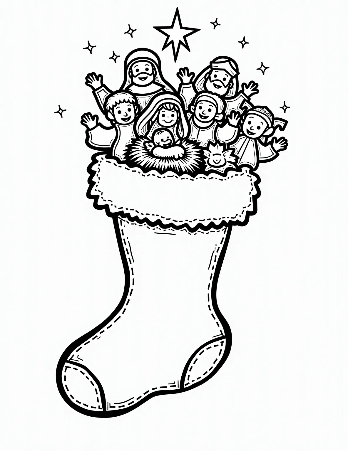 Nativity Scene Stocking Coloring Page -- prompt: "black lines only A festive Christmas stocking outline adorned with a charming nativity scene. Bold, simple lines depict Mary, Joseph, baby Jesus, shepherds, and wise men. Playful stars scatter the background, with a prominent star atop. Perfect for holiday coloring fun! flat black lines, premium coloring page, coloring sheet, line drawing, Coloring Book, NO COLOR, NO SHADING, WHITE BACKGROUND. NO GRAY, BLACK AND WHITE, NO COLOR" -- This meaningful coloring page displays a stocking with a nativity scene. The stocking features the holy family, shepherds, and wise men arranged in a manger setting. A star shines brightly at the top of the stocking.