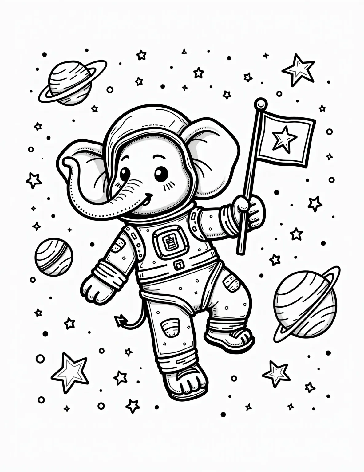 Elephant Astronaut in Space Coloring Page -- prompt: "black lines only Cheerful elephant astronaut, big ears poking through helmet, floats amidst cartoonish stars and planets. Chunky spacesuit adorned with playful patches. Curled trunk holds a flag. Bold outlines perfect for coloring. Cosmic background filled with swirling nebulas and comets. flat black lines, premium coloring page, coloring sheet, line drawing, Coloring Book, NO COLOR, NO SHADING, WHITE BACKGROUND. NO GRAY, BLACK AND WHITE, NO COLOR" -- Blast off with this out-of-this-world elephant astronaut coloring page! The elephant is wearing a space suit and floating among stars and planets. This imaginative page is perfect for kids who love both animals and space exploration.