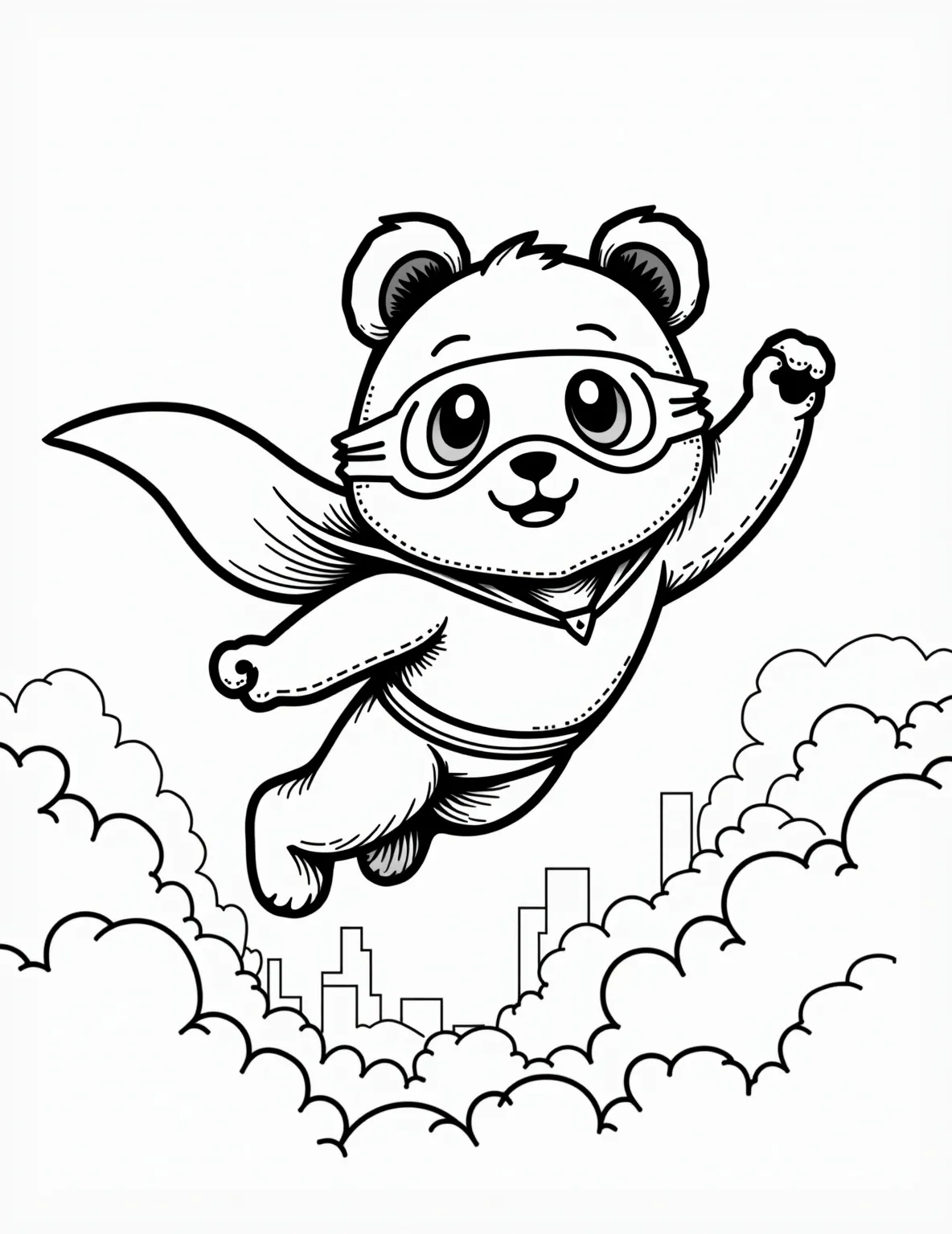 Panda Superhero to the Rescue Coloring Page -- prompt: "black lines only Adorable panda superhero outlined in bold black strokes, soaring through puffy clouds. Cape billowing, mask accentuating expressive eyes. Simplistic yet charming design with large empty spaces for coloring. Heroic pose exudes playfulness. Background elements include stylized cityscape and flat black lines, premium coloring page, coloring sheet, line drawing, Coloring Book, NO COLOR, NO SHADING, WHITE BACKGROUND. NO GRAY, BLACK AND WHITE, NO COLOR" -- Unleash your inner hero with this action-packed coloring page of a panda superhero. The panda is depicted soaring through the air in a cape and mask, ready to save the day. This dynamic scene allows for bold color choices in the superhero costume and background elements.