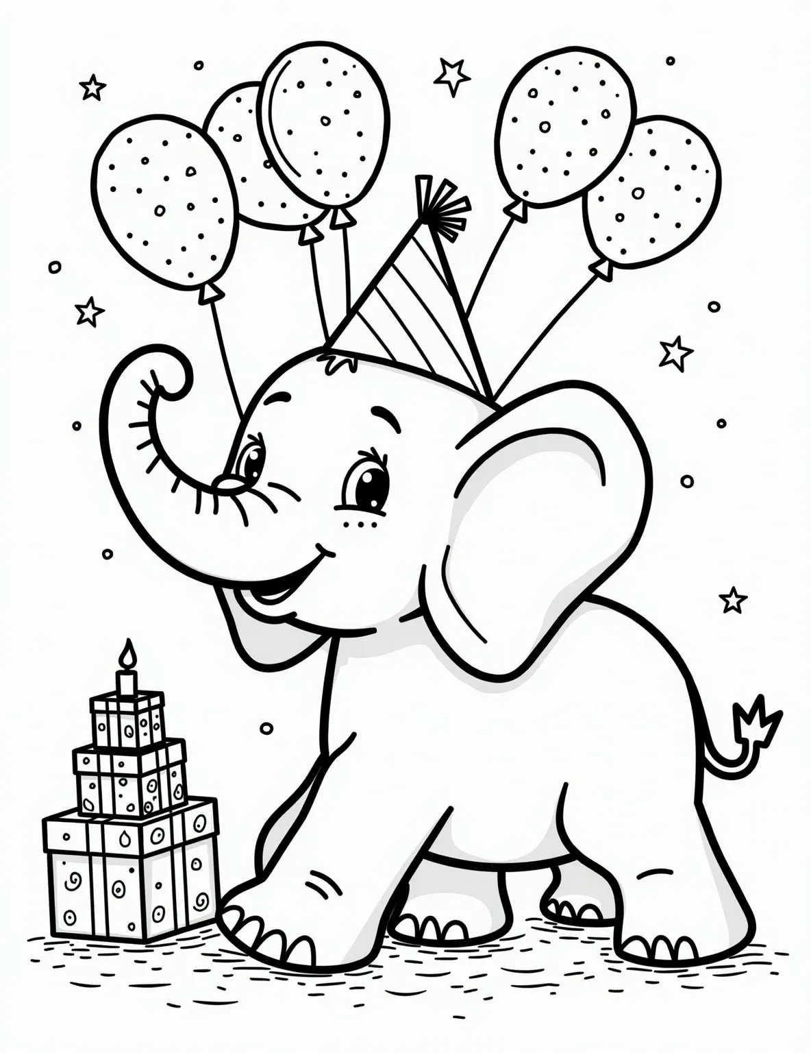 Elephant's Birthday Party Coloring Page -- prompt: "black lines only Joyful elephant with oversized party hat, thick outlines perfect for coloring. Surrounded by floating balloons, gift boxes, and towering cake. Simple, bold patterns on decorations. Large, expressive eyes and wide smile. Playful, celebratory scene with clear, defined shapes for easy coloring. flat black lines, premium coloring page, coloring sheet, line drawing, Coloring Book, NO COLOR, NO SHADING, WHITE BACKGROUND. NO GRAY, BLACK AND WHITE, NO COLOR" -- Celebrate with this joyful elephant birthday party scene! The elephant is wearing a party hat and is surrounded by balloons, gifts, and a big birthday cake. This page is perfect for adding vibrant colors and spreading cheer.