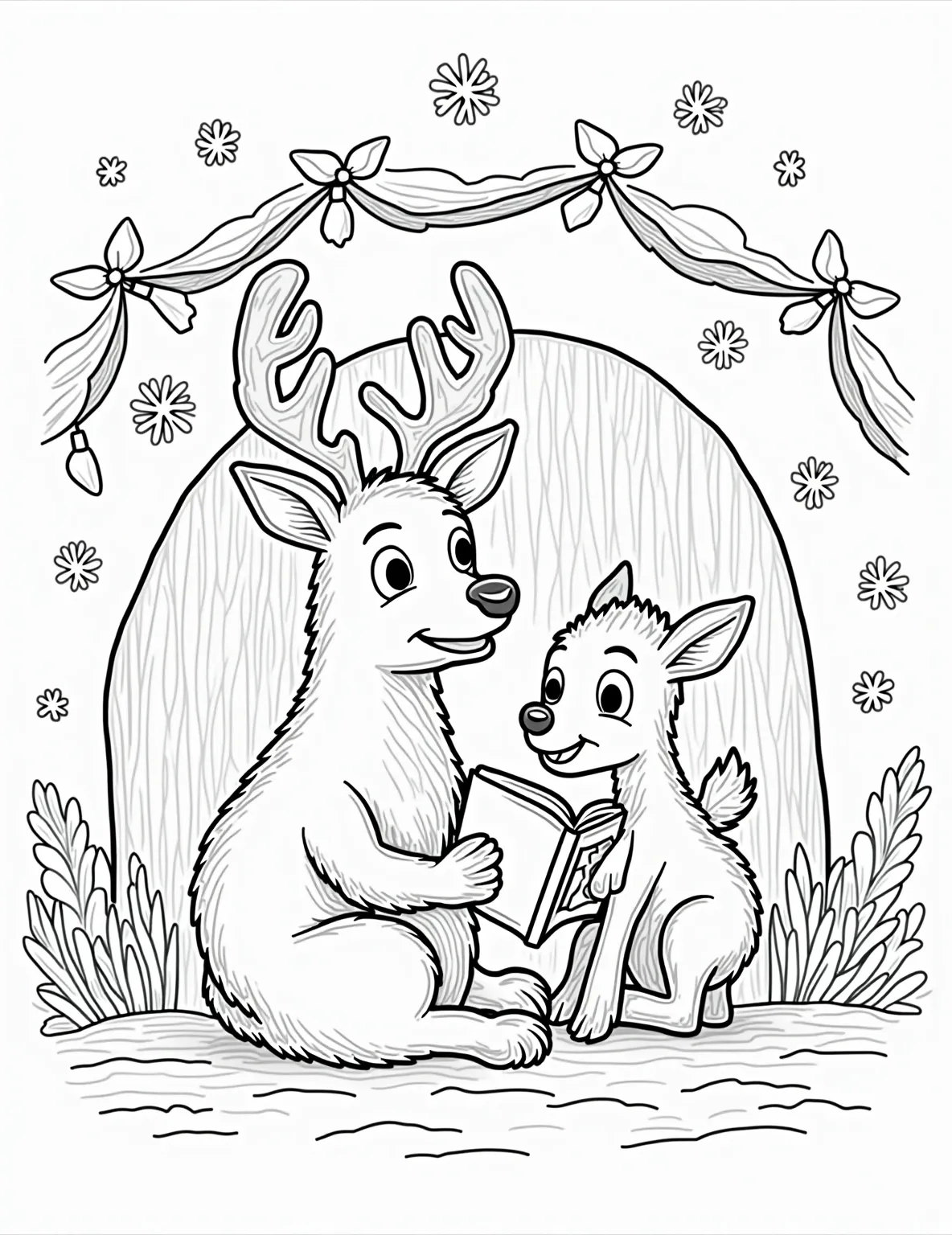 Rudolph's Bedtime Story -- prompt: "black lines only Rudolph, with his iconic red nose, reads a storybook to a wide-eyed fawn. They're nestled in a cozy pine-scented den adorned with twinkling fairy lights. Thick, bold outlines define charming shapes perfect for coloring. Candy canes and snowflakes decorate the borders. flat black lines, premium coloring page, coloring sheet, line drawing, Coloring Book, NO COLOR, NO SHADING, WHITE BACKGROUND. NO GRAY, BLACK AND WHITE, NO COLOR" -- This heartwarming coloring page depicts a tender moment between Rudolph and a young reindeer. Rudolph is shown reading a bedtime story to a sleepy young fawn, nestled in a cozy den. It's a touching scene that highlights Rudolph's gentle and nurturing side.