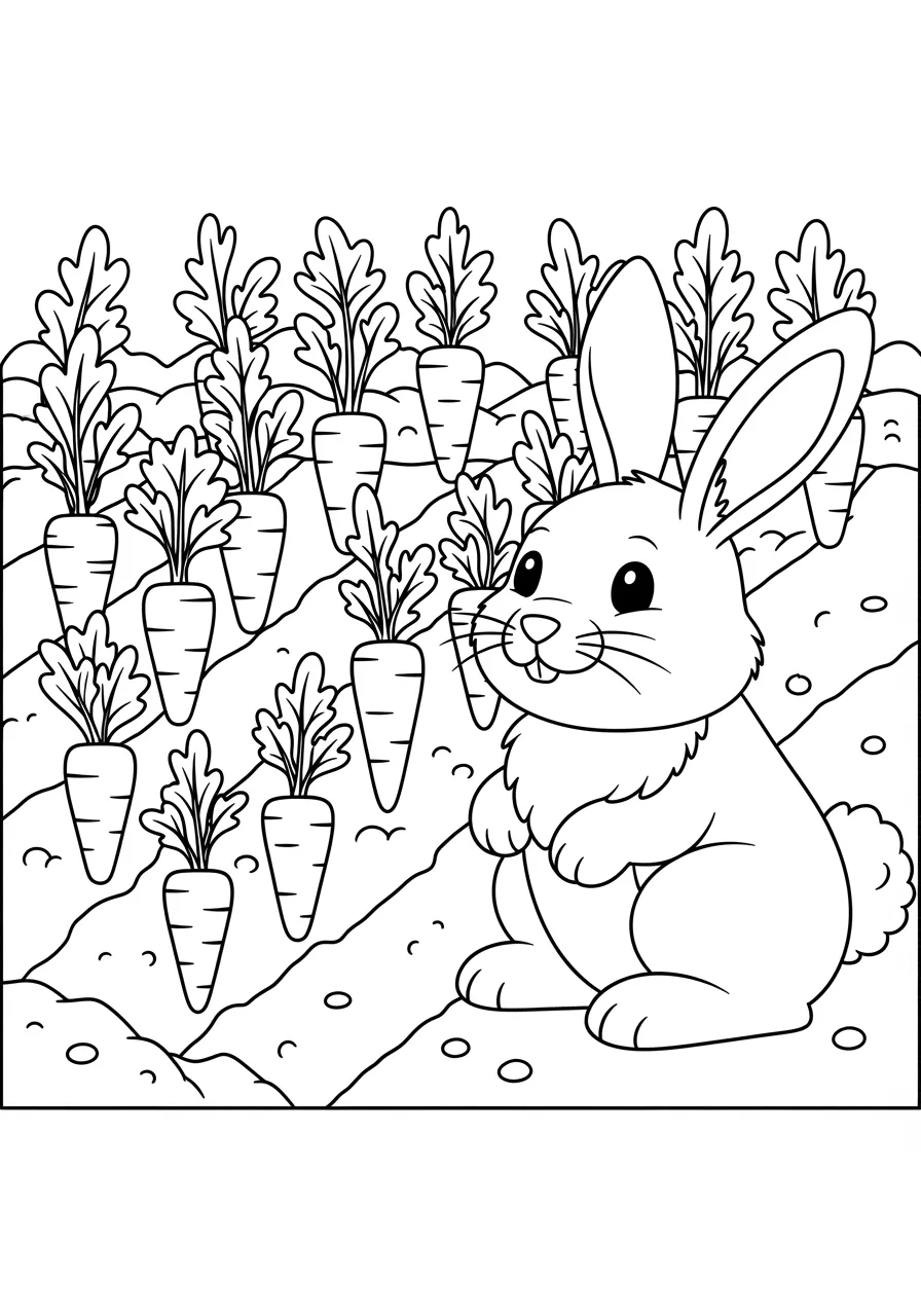 Curious Rabbit Carrot Garden Discovery Coloring Page -- prompt: "black lines only Fun coloring book style illustration featuring a cheerful bunny rabbit sitting beside perfectly organized rows of carrots with bushy leafy tops sprouting from rich garden soil, thick black outlines, simple shapes perfect for children's crayons flat black lines, premium coloring page, coloring sheet, line drawing, Coloring Book, NO COLOR, NO SHADING, WHITE BACKGROUND. NO GRAY, BLACK AND WHITE, NO COLOR" -- This charming garden scene features an inquisitive rabbit that has discovered a patch of fresh carrots growing in neat rows. The rabbit's alert ears and twitching nose show its excitement at finding this vegetable treasure. Kids will love this classic combination while learning about garden vegetables and rabbit diets.