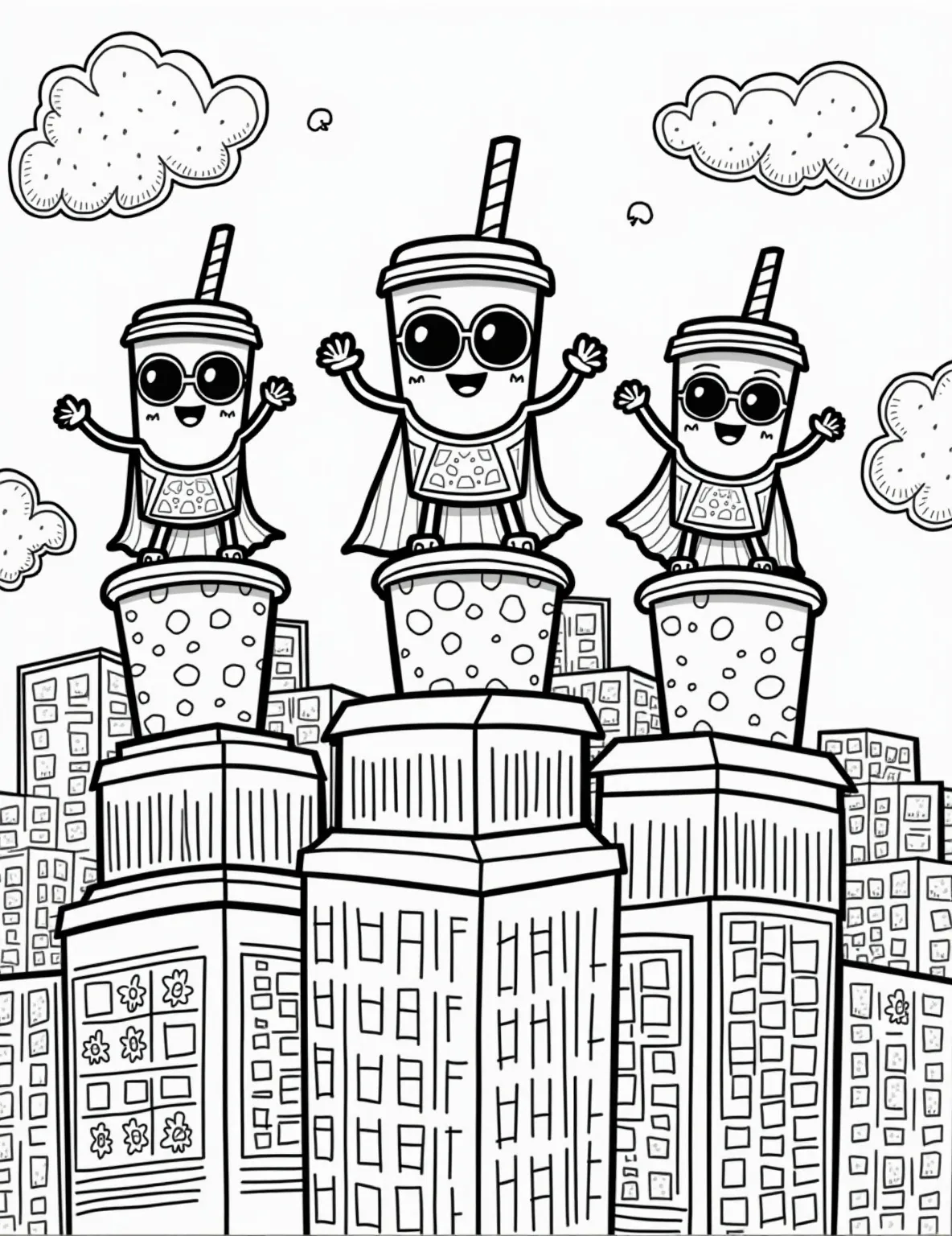 Boba Tea Superhero Team-Up -- prompt: "black lines only Playful boba tea superheroes with bold outlines strike dynamic poses atop skyscrapers crafted from oversized cups and straws. Cityscape backdrop features bubbly textures and dotted patterns. Empty spaces await vibrant colors, inviting imagination to bring this whimsical metropolis to life. flat black lines, premium coloring page, coloring sheet, line drawing, Coloring Book, NO COLOR, NO SHADING, WHITE BACKGROUND. NO GRAY, BLACK AND WHITE, NO COLOR" -- Unleash your imagination with this action-packed coloring page featuring a team of boba tea superheroes. Each superhero cup has unique powers based on different tea flavors, ready to save the day. The cityscape background is creatively constructed from boba straws and cups, adding a fun twist to the scene.