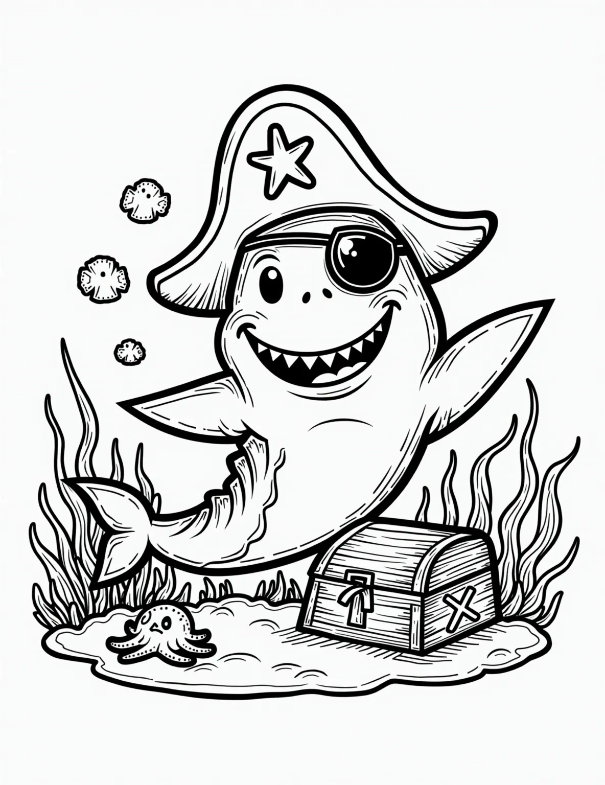 Shark Pirate's Treasure Hunt -- prompt: "black lines only Playful cartoon shark with exaggerated features, sporting oversized pirate hat and comical eyepatch. Holds treasure map with X marks the spot. Ocean floor scene with buried chest, coral, and fish outlines. Bold black lines perfect for coloring. Silly expressions and fun details throughout. flat black lines, premium coloring page, coloring sheet, line drawing, Coloring Book, NO COLOR, NO SHADING, WHITE BACKGROUND. NO GRAY, BLACK AND WHITE, NO COLOR" -- Embark on a swashbuckling adventure with this shark pirate coloring page. It features a shark wearing a pirate hat and eyepatch, searching for buried treasure on the ocean floor. This page combines the excitement of pirate tales with the intrigue of shark life, perfect for imaginative young colorists.